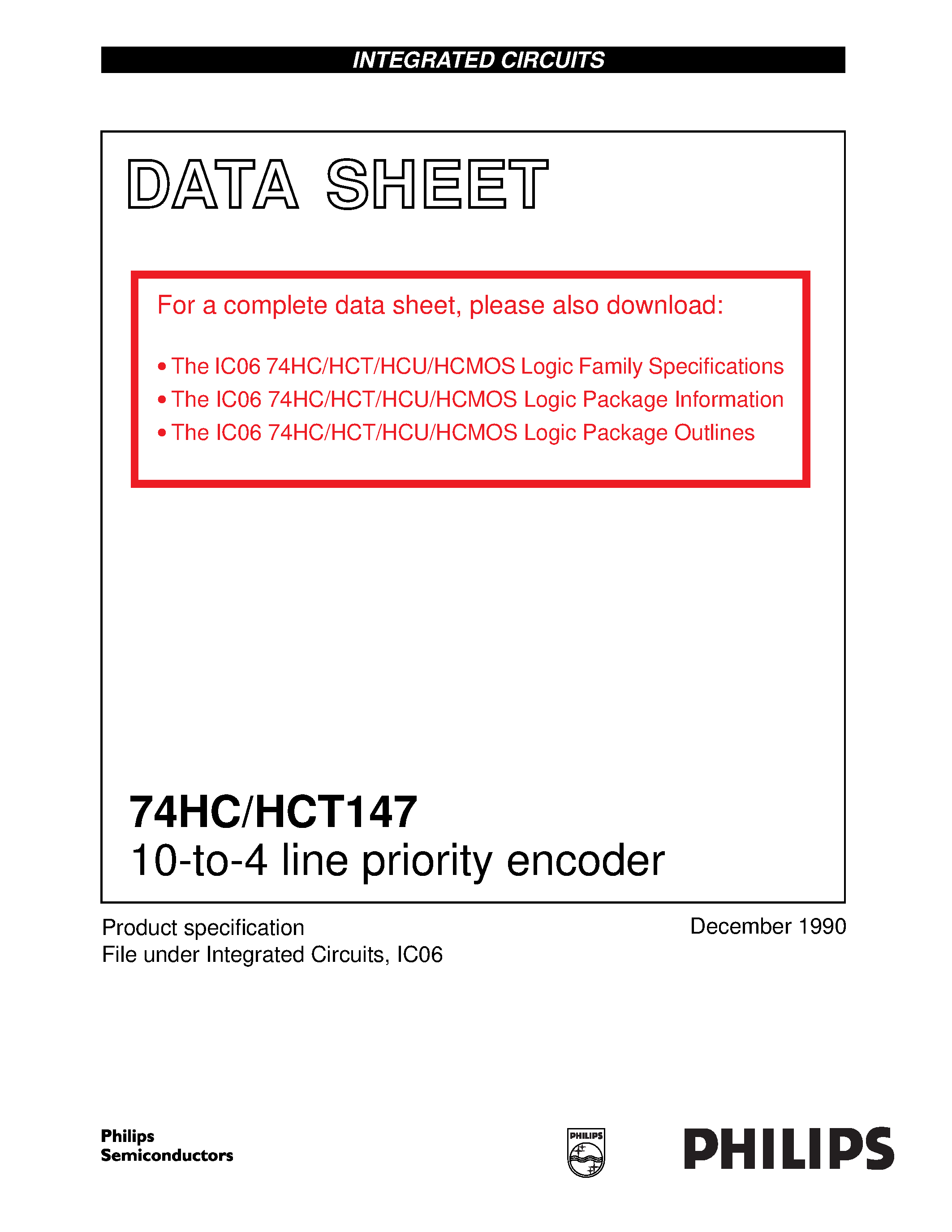 Datasheet 74HCT147 - 10-to-4 line priority encoder page 1