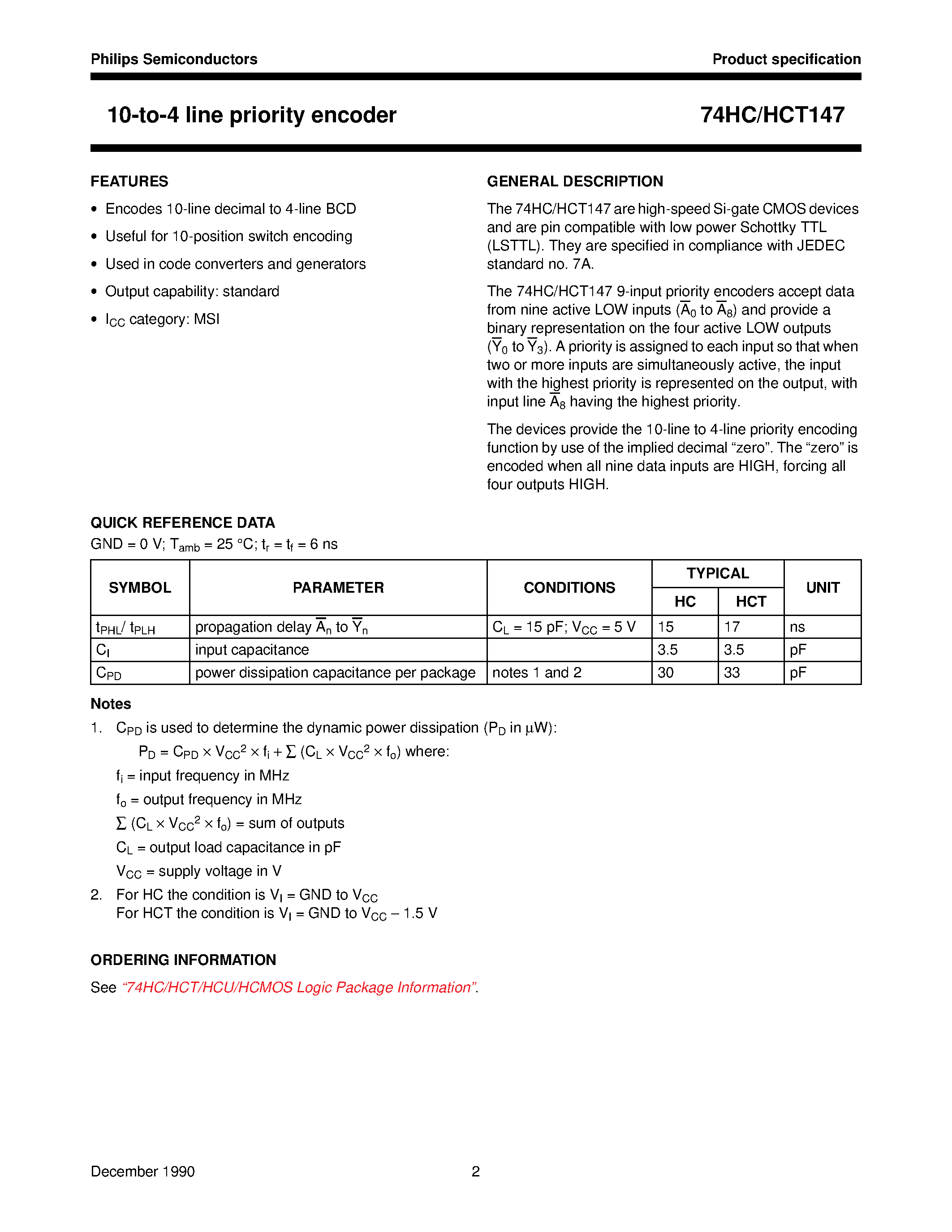 Datasheet 74HCT147 - 10-to-4 line priority encoder page 2