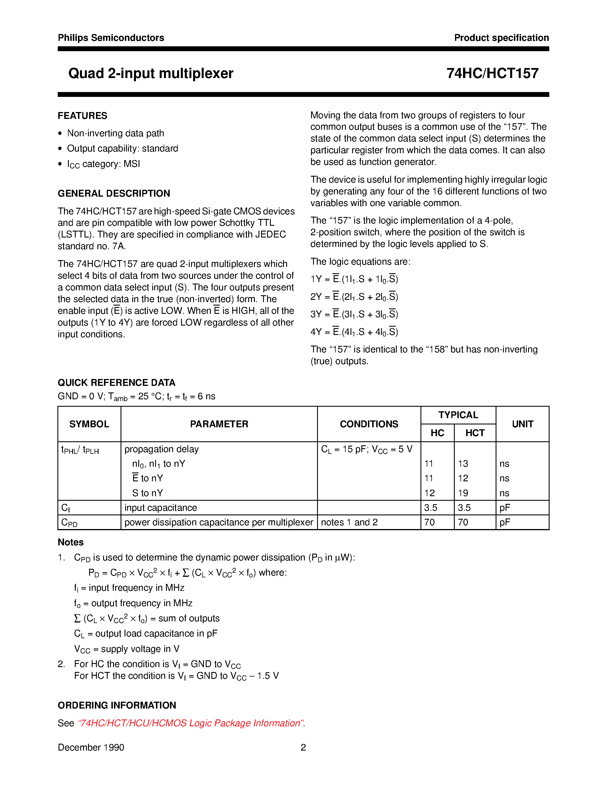 Datasheet 74HCT157 - Quad 2-input multiplexer page 2