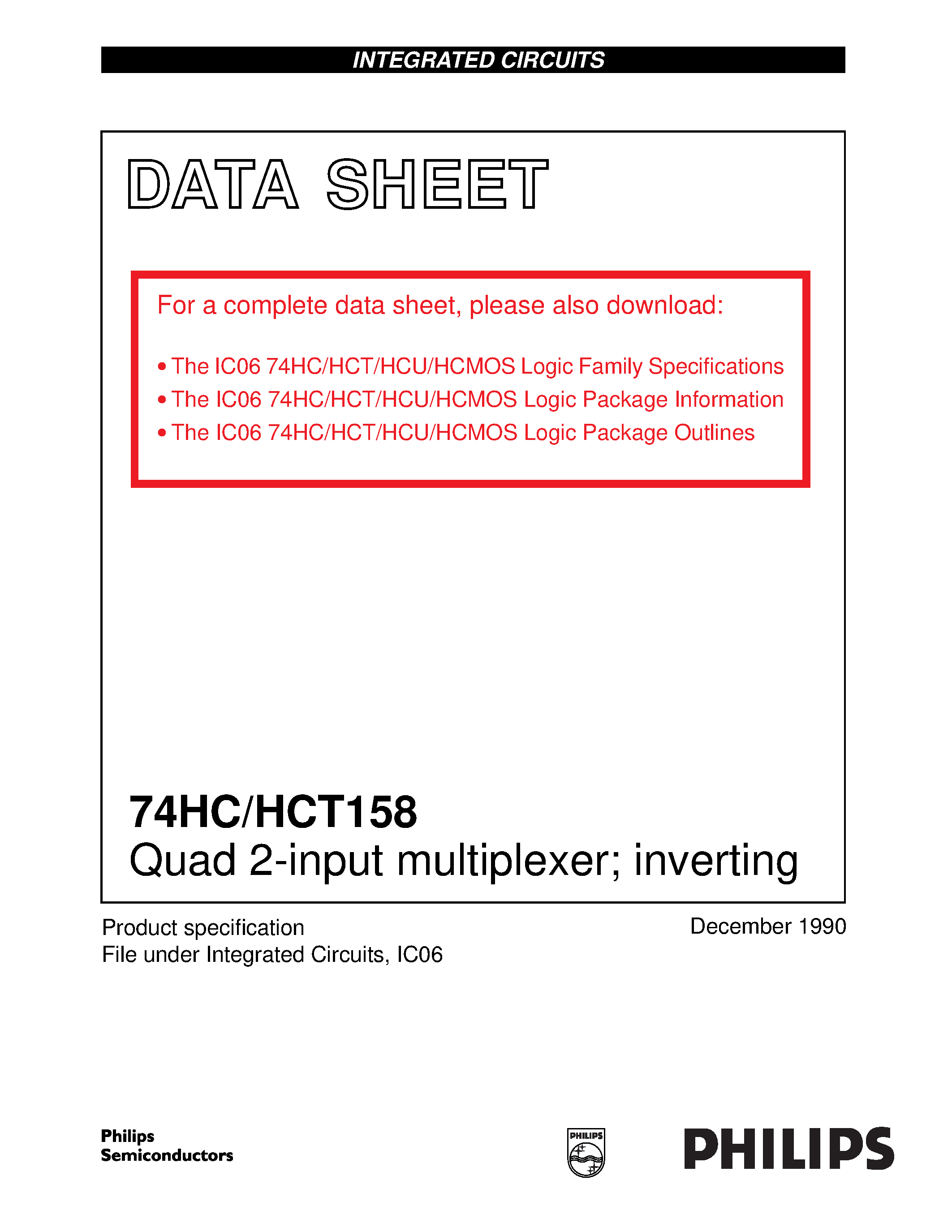 Даташит 74HCT158 - Quad 2-input multiplexer inverting страница 1