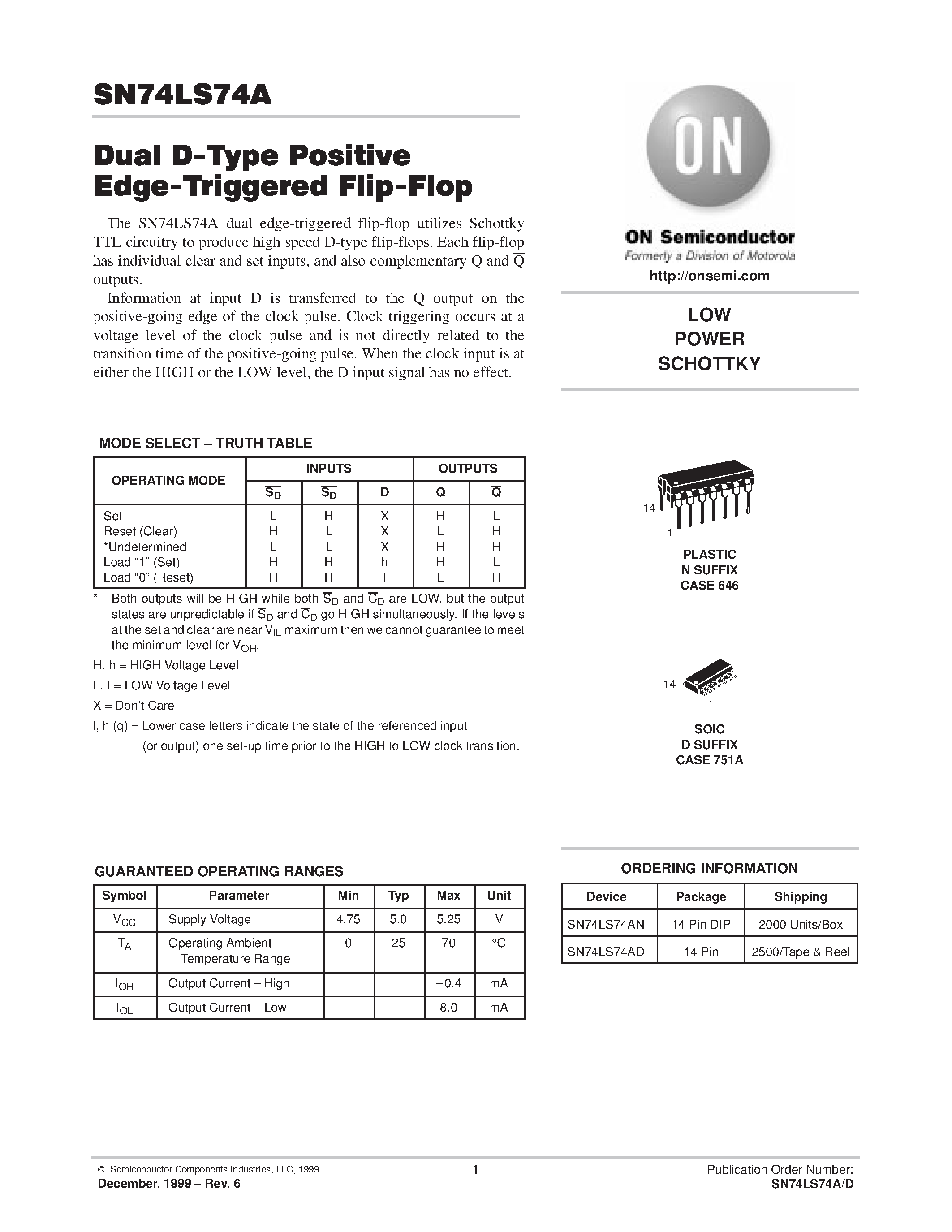 Datasheet SN74LS74AD - LOW POWER SCHOTTKY page 1