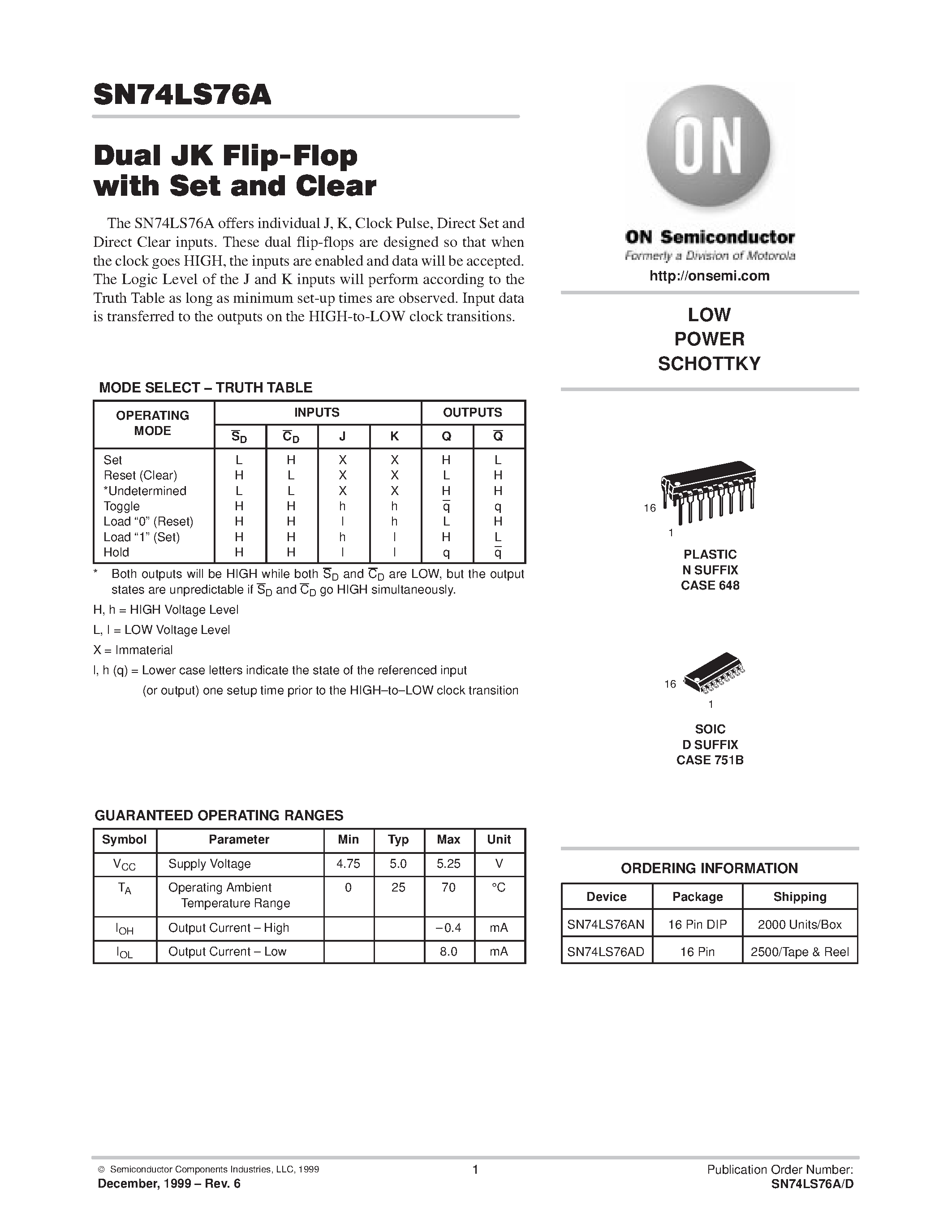 Даташит SN74LS76 - LOW POWER SCHOTTKY страница 1