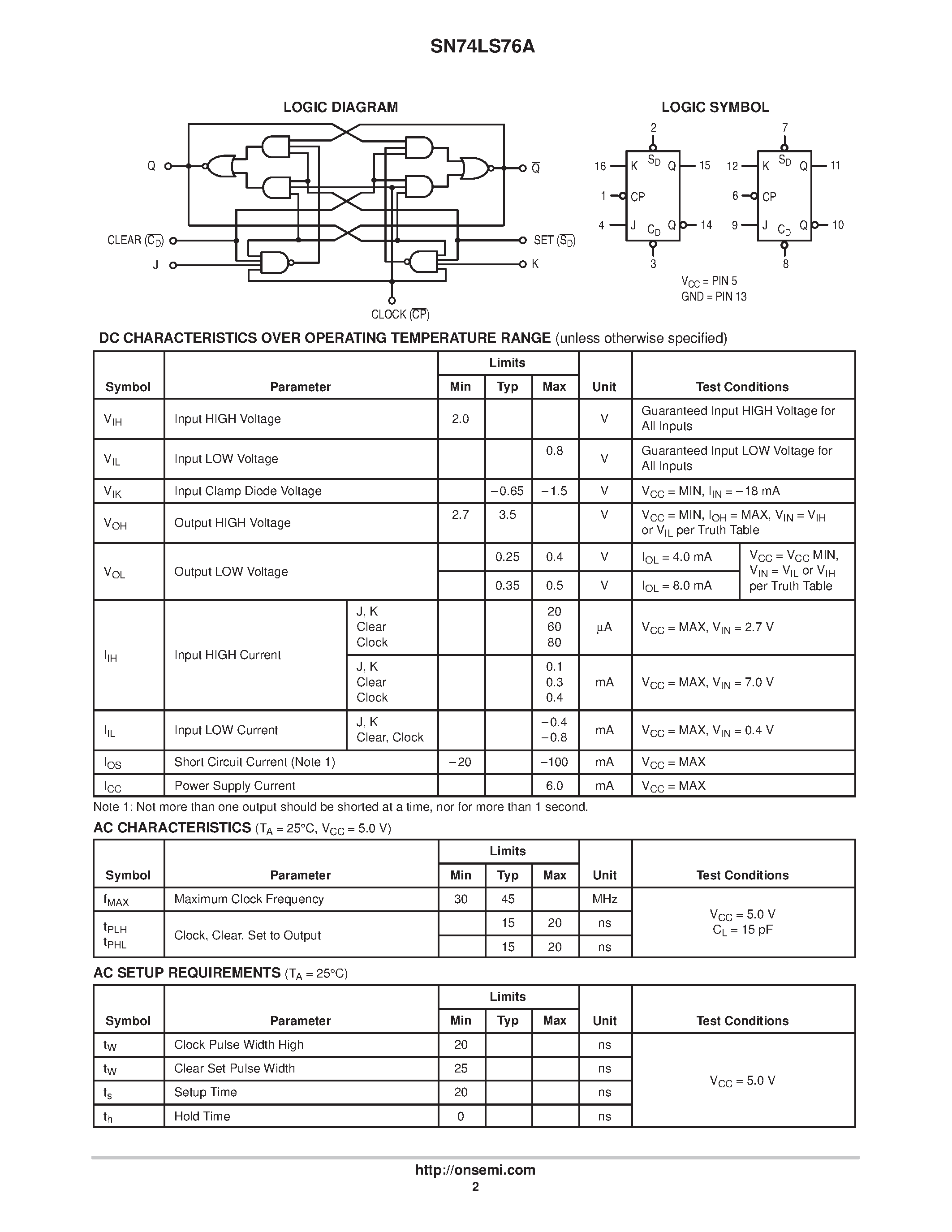 Даташит SN74LS76AD - LOW POWER SCHOTTKY страница 2