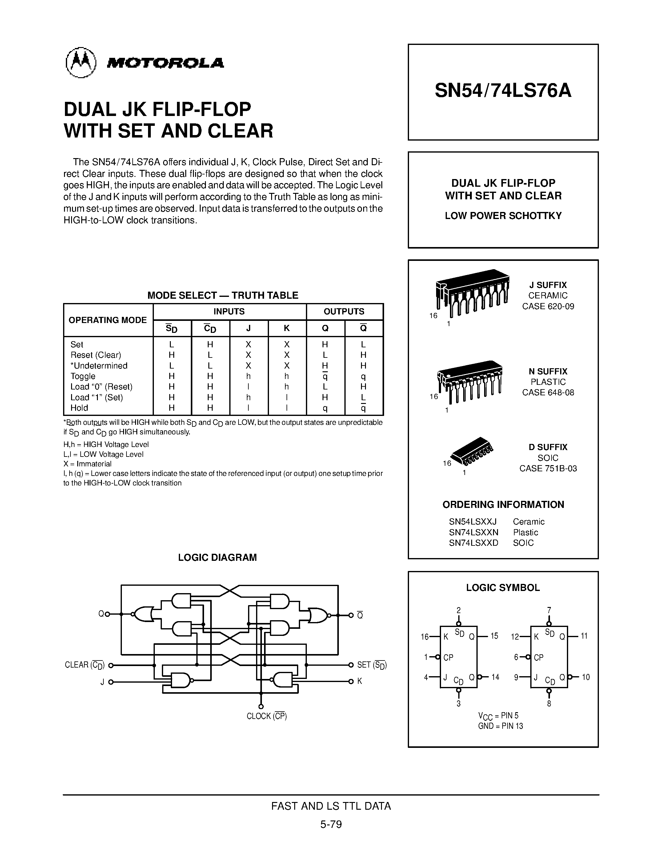 Даташит SN74LS76D - DUAL JK FLIP-FLOP WITH SET AND CLEAR страница 1