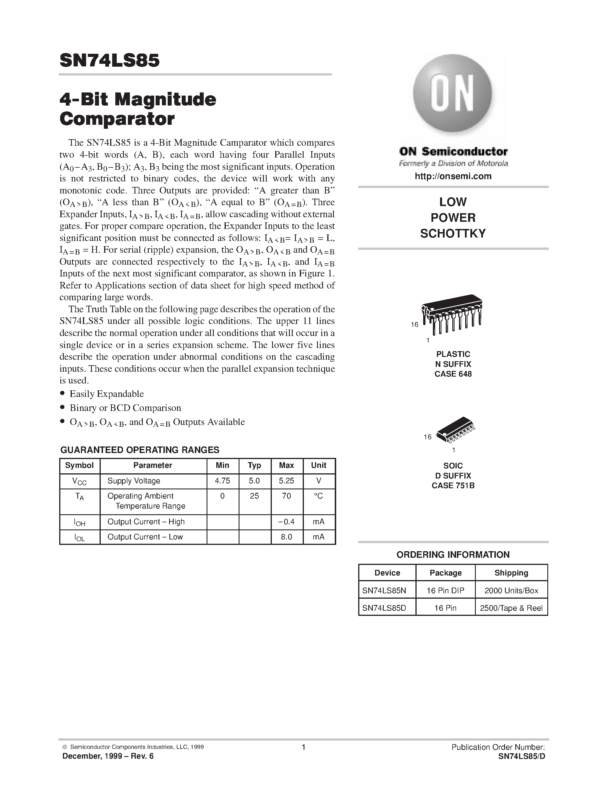 Даташит SN74LS85 - LOW POWER SCHOTTKY страница 1