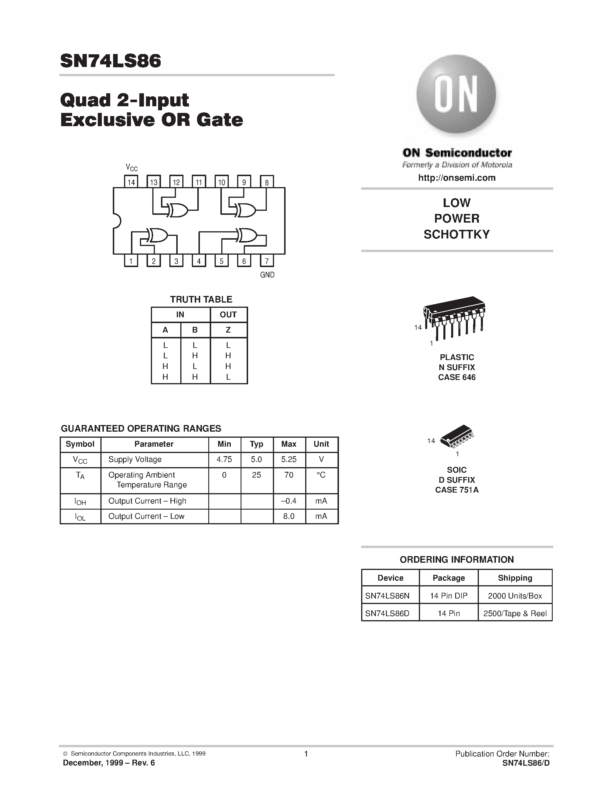 Даташит SN74LS86 - LOW POWER SCHOTTKY страница 1