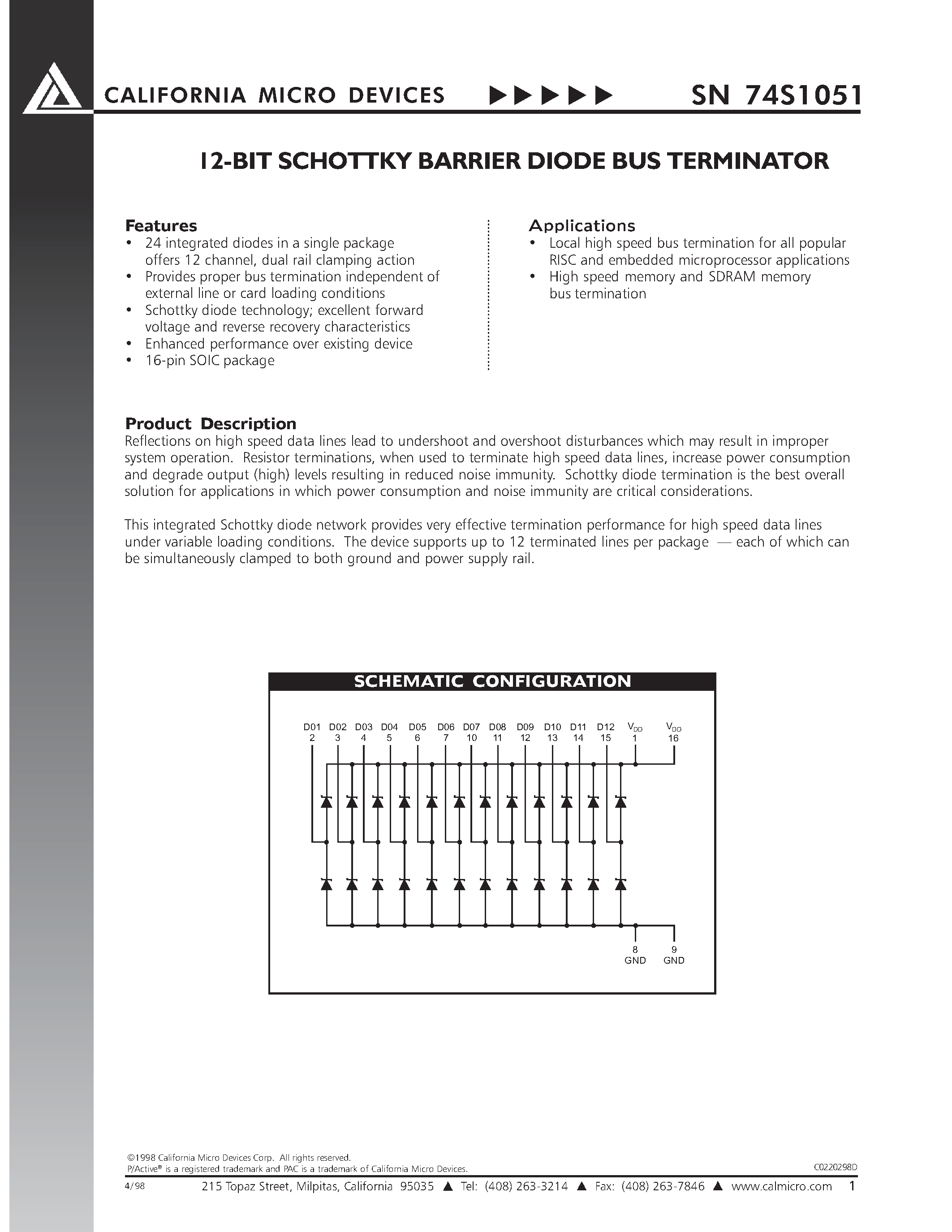 Datasheet SN74S1051R page 1 Datasheet SN74S1051R - 12-BIT SCHOTTKY BARRIER DIODE BUS TERMINATOR page 1