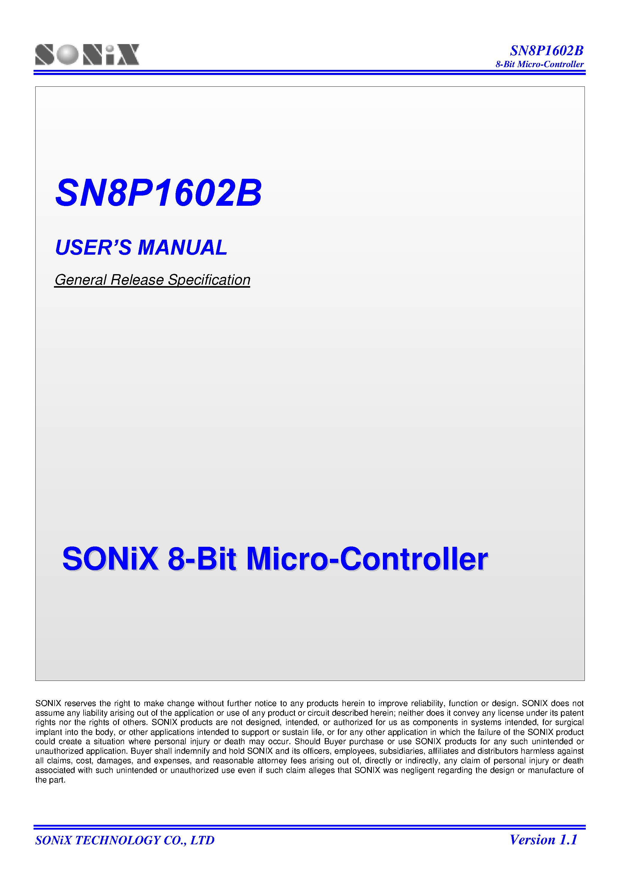 Datasheet SN8P1602B page 1 Datasheet SN8P1602B - 8-Bit Micro-Controller page 1