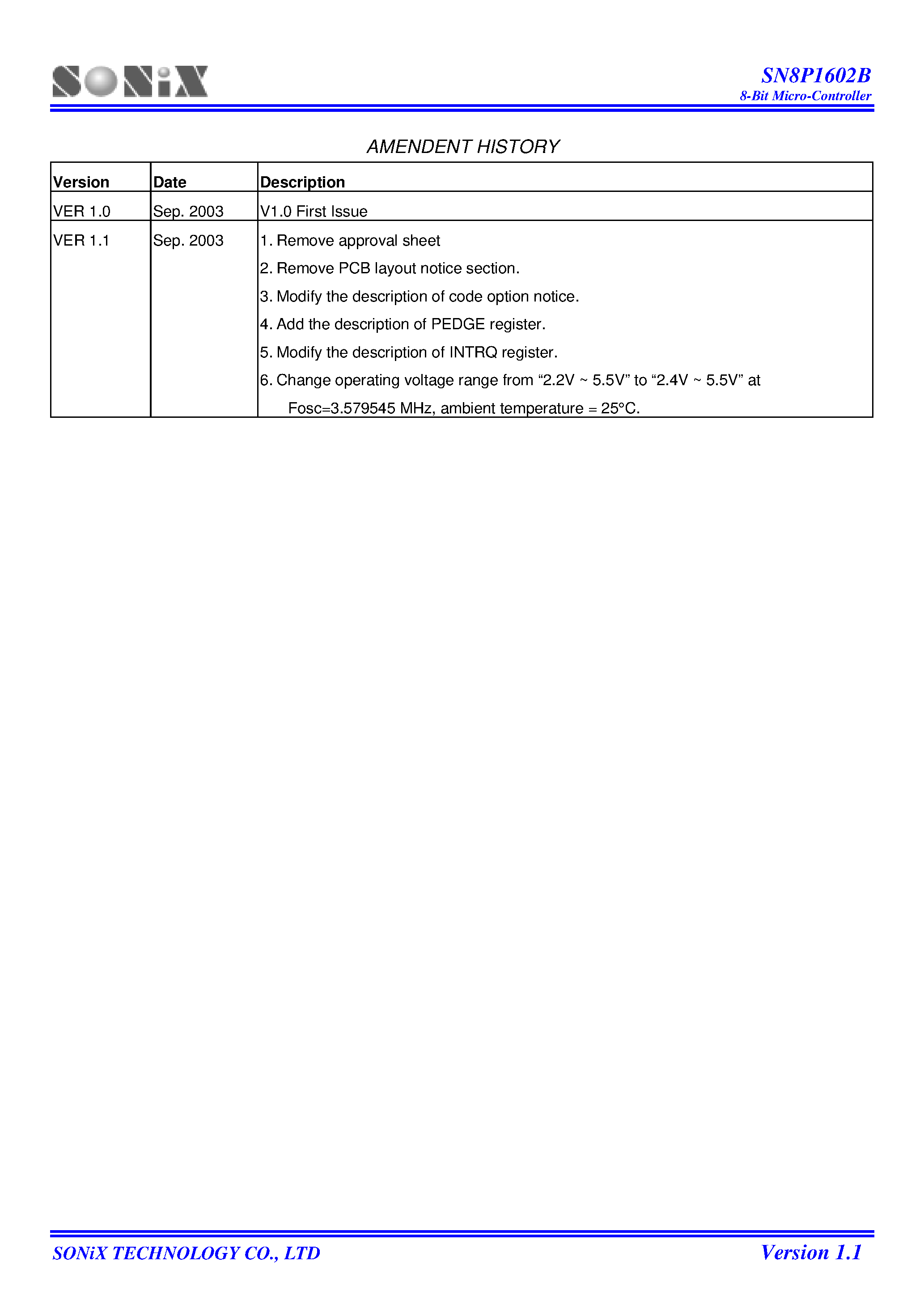 Datasheet SN8P1602B page 2 Datasheet SN8P1602B - 8-Bit Micro-Controller page 2