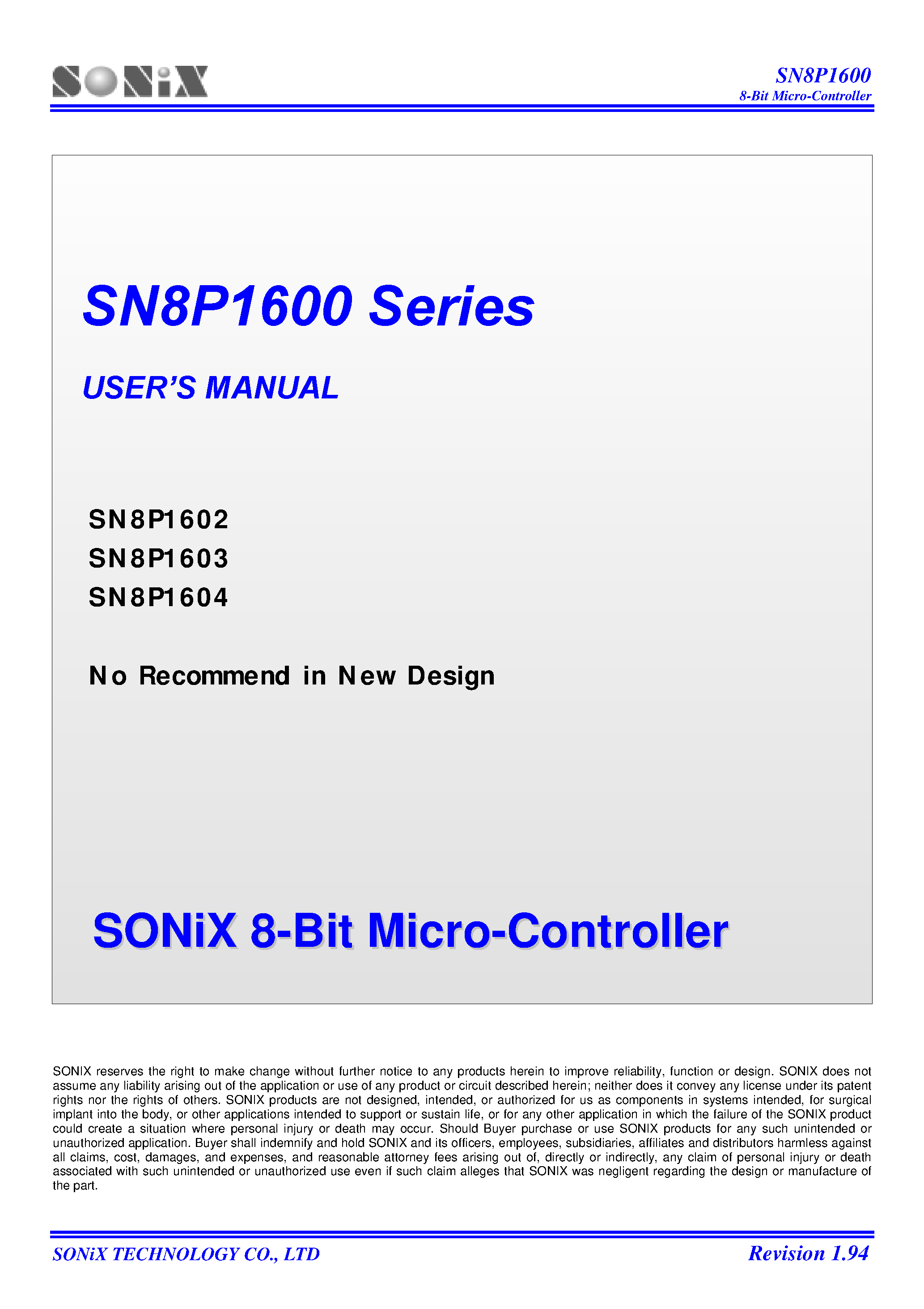 Datasheet SN8P1603 page 1 Datasheet SN8P1603 - 8-Bit Micro-Controller page 1