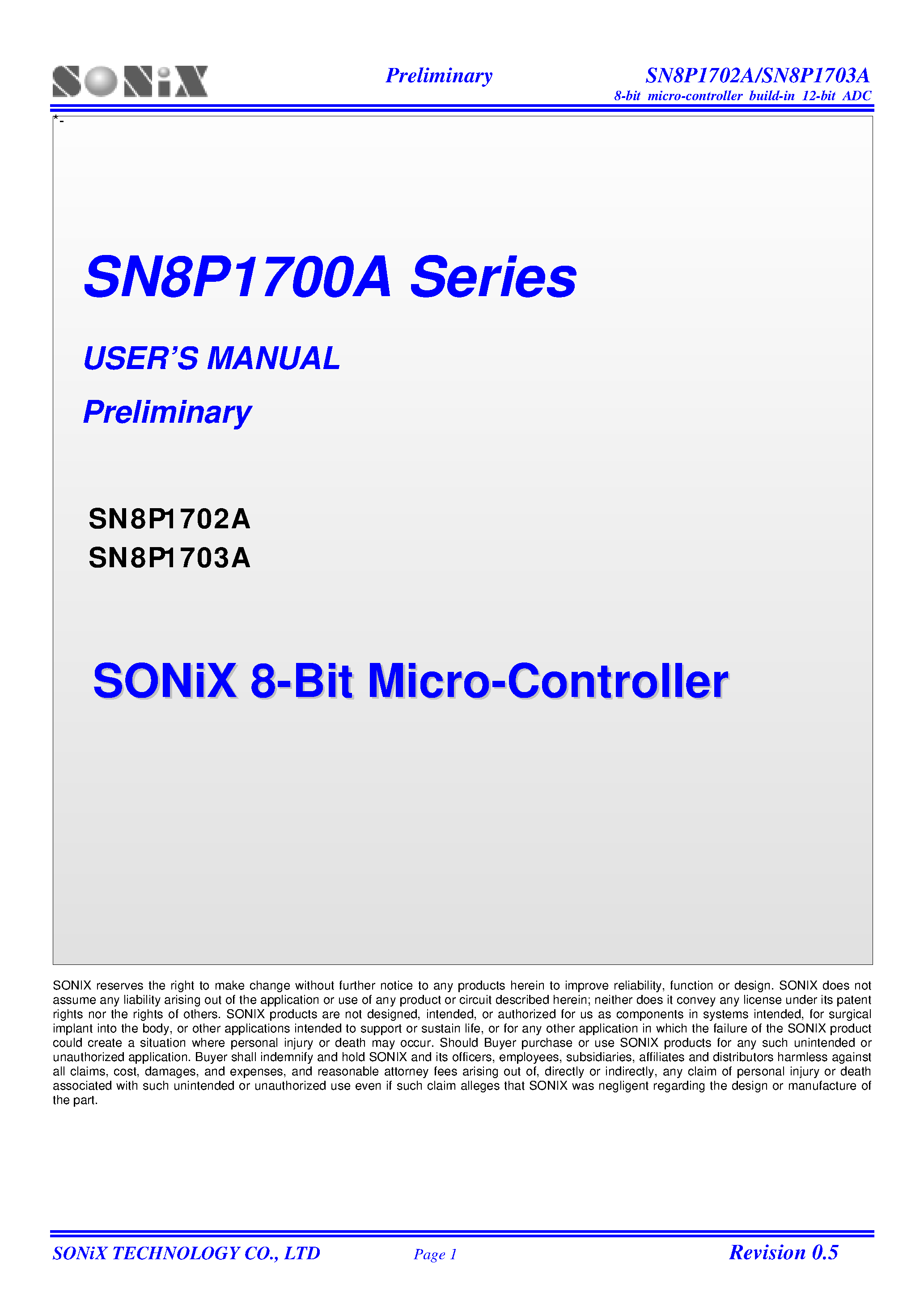 Datasheet SN8P1703A page 1 Datasheet SN8P1703A - 8-Bit Micro-Controller page 1