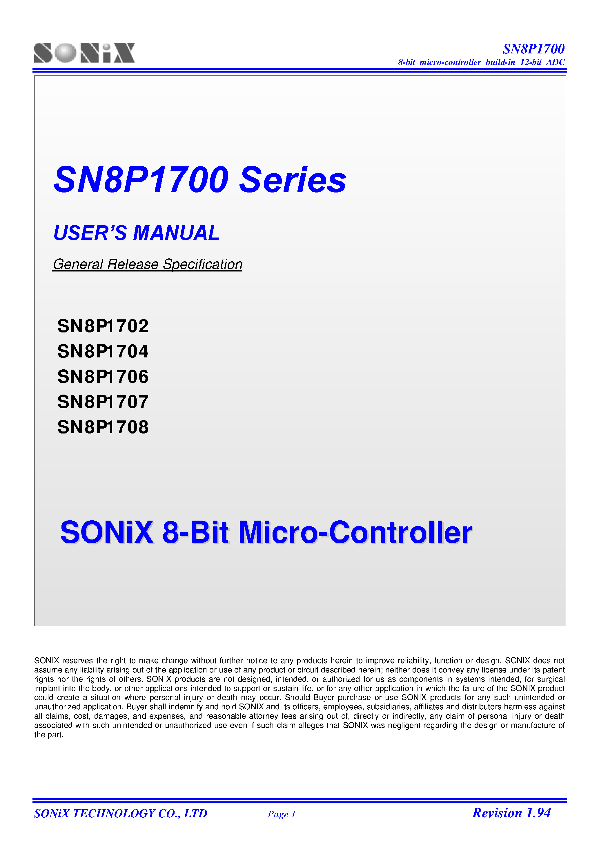 Datasheet SN8P1706 page 1 Datasheet SN8P1706 - 8-Bit Micro-Controller page 1