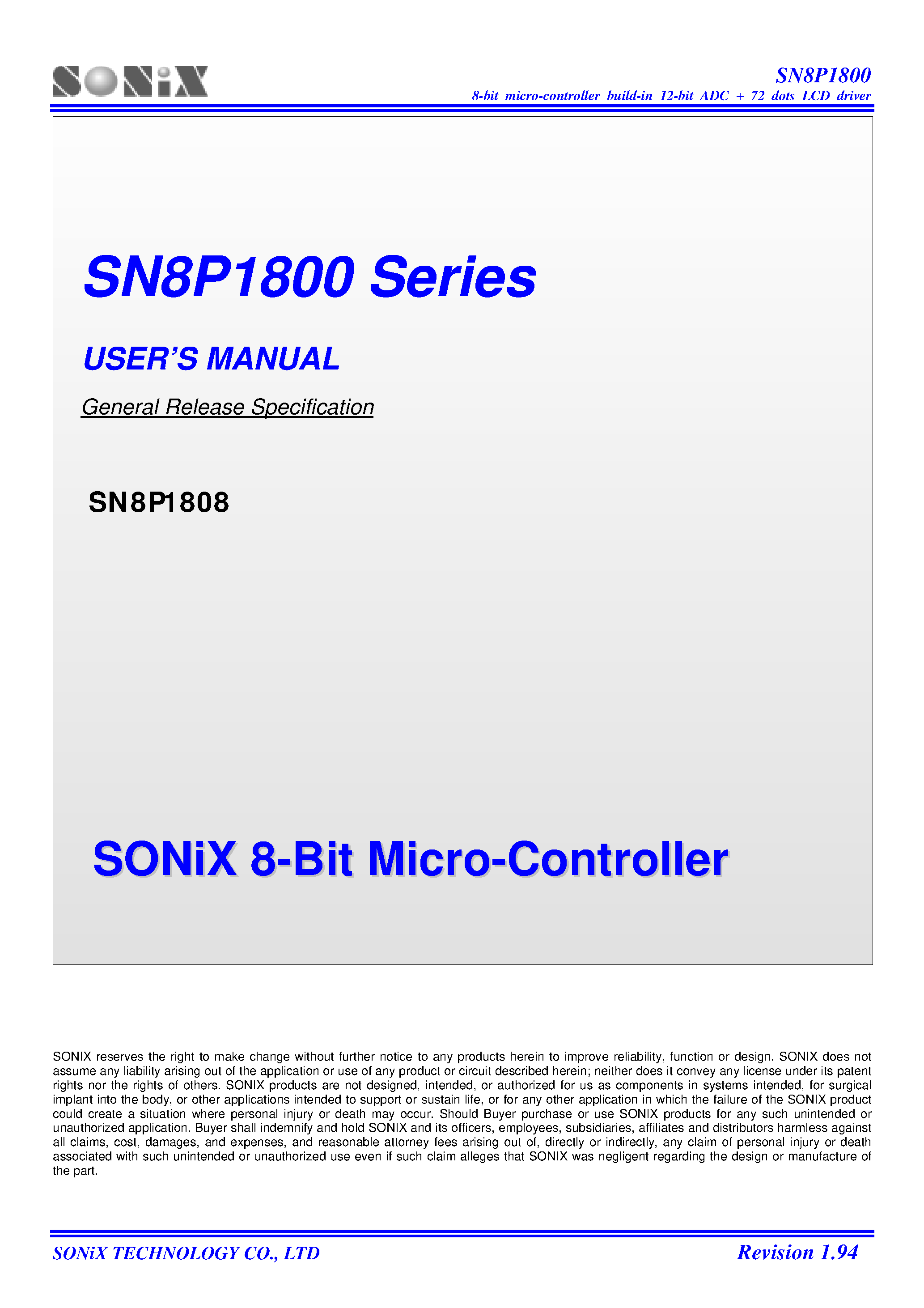 Datasheet SN8P1808 page 1 Datasheet SN8P1808 - 8-Bit Micro-Controller page 1