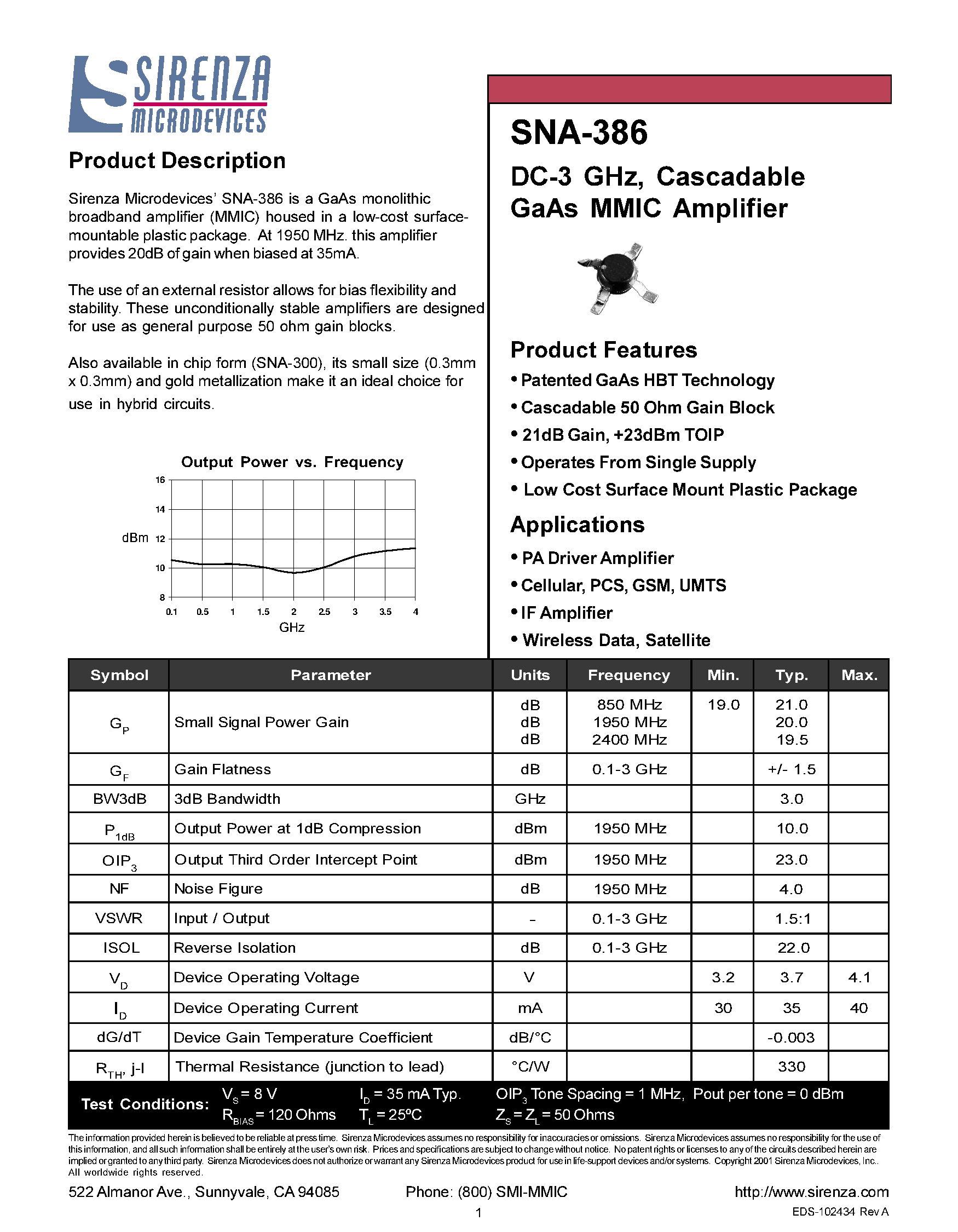 Datasheet SNA-386 - DC 3 GHZ CASCADABLE GAAS MMIC AMPLIFIER page 1