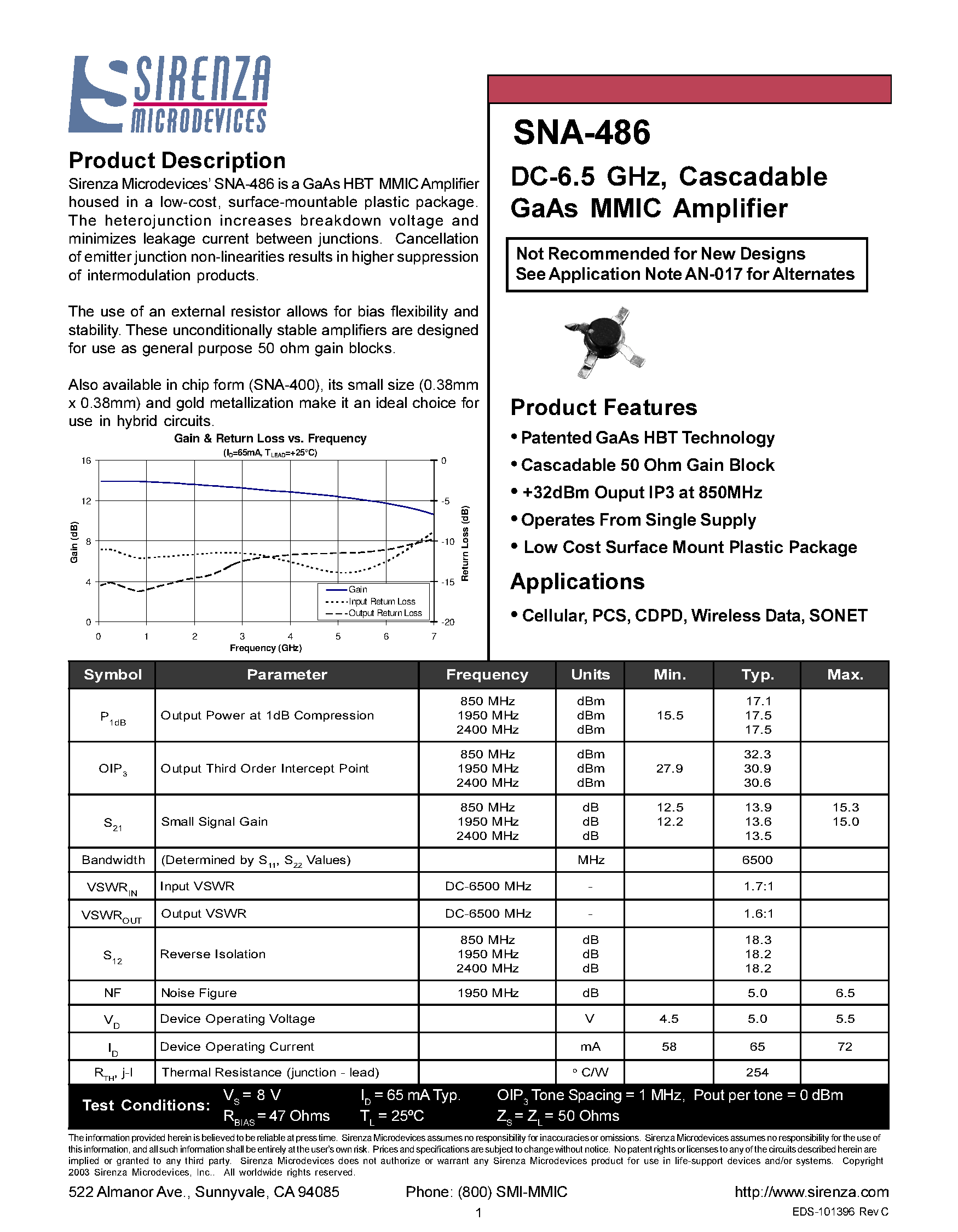 Datasheet SNA-486 - DC - 6.5 GHZ CASCADABLE GAAS MMIC AMPLIFIER page 1