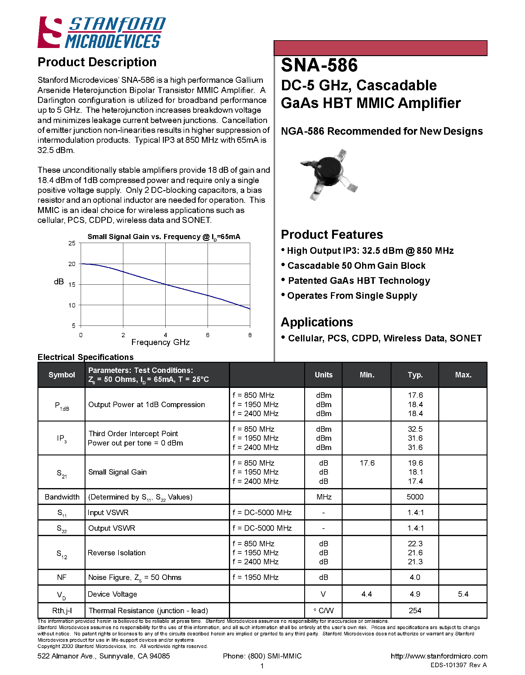 Datasheet SNA-586 - DC-5 GHz / Cascadable GaAs HBT MMIC Amplifier page 1