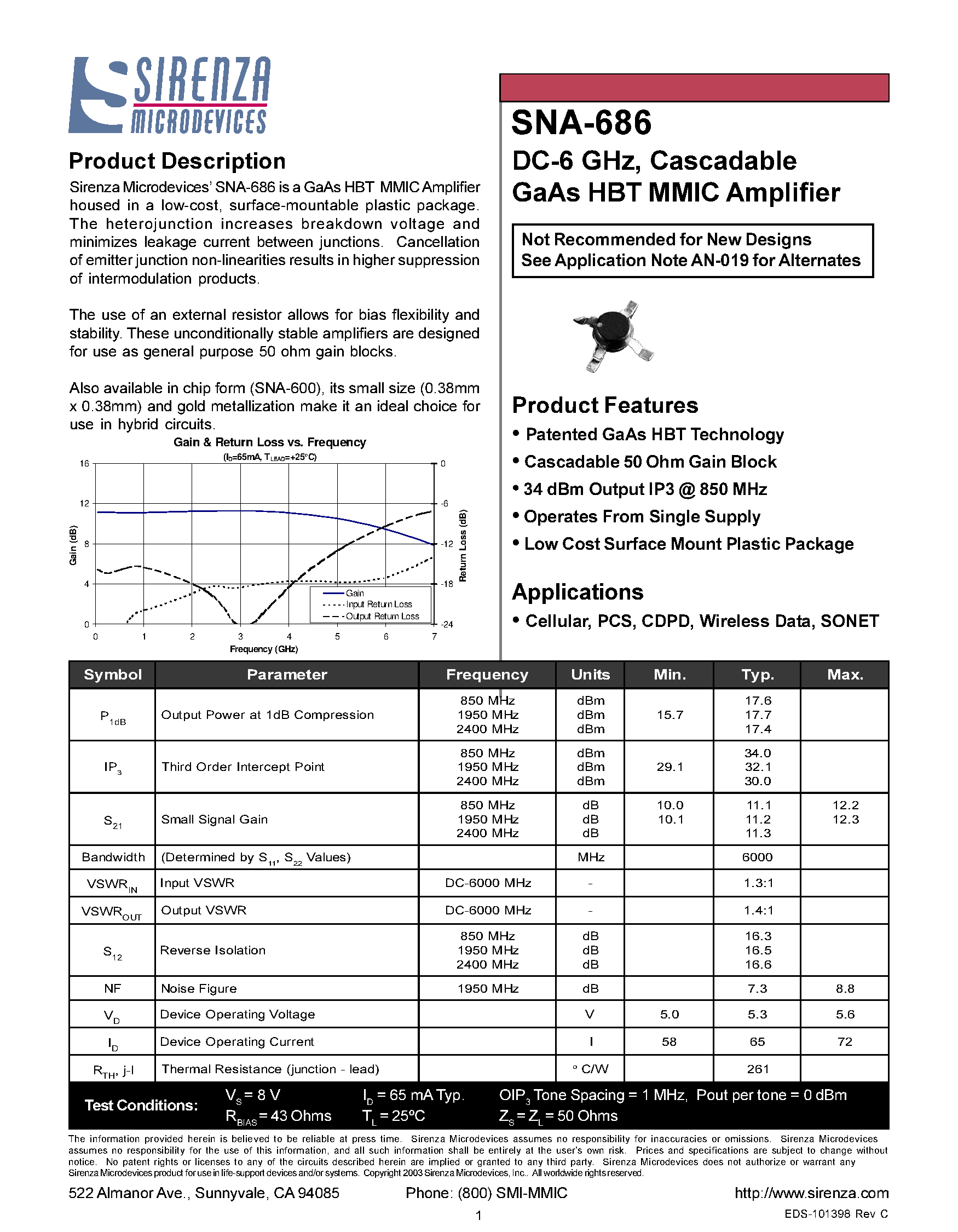 Datasheet SNA-686 page 1 Datasheet SNA-686 - DC 6 GHZ CASCADABLE GAAS HBT MMIC AMPLIFIER page 1