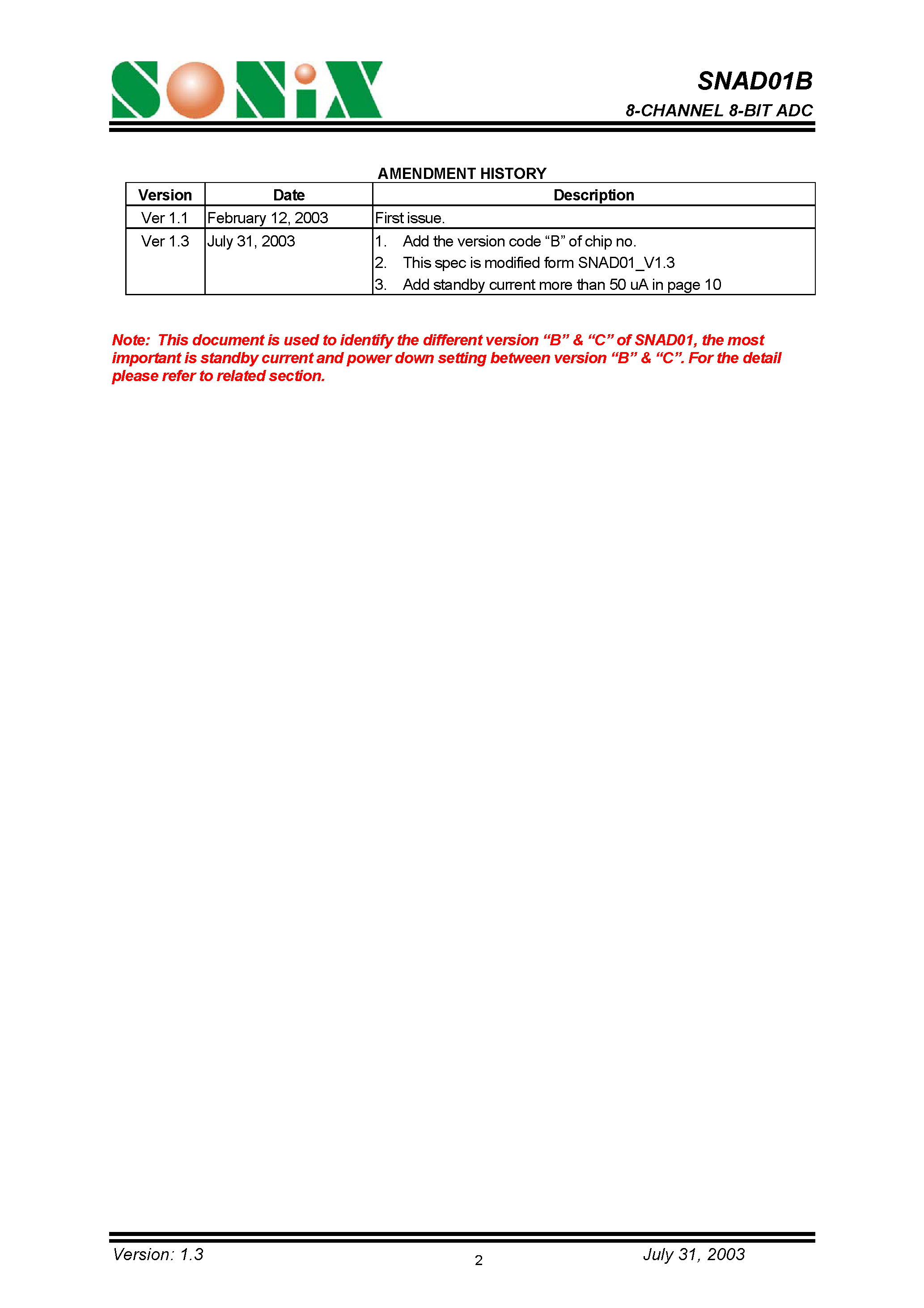 Datasheet SNAD01B - 8-CHANNEL 8-BIT ADC page 2