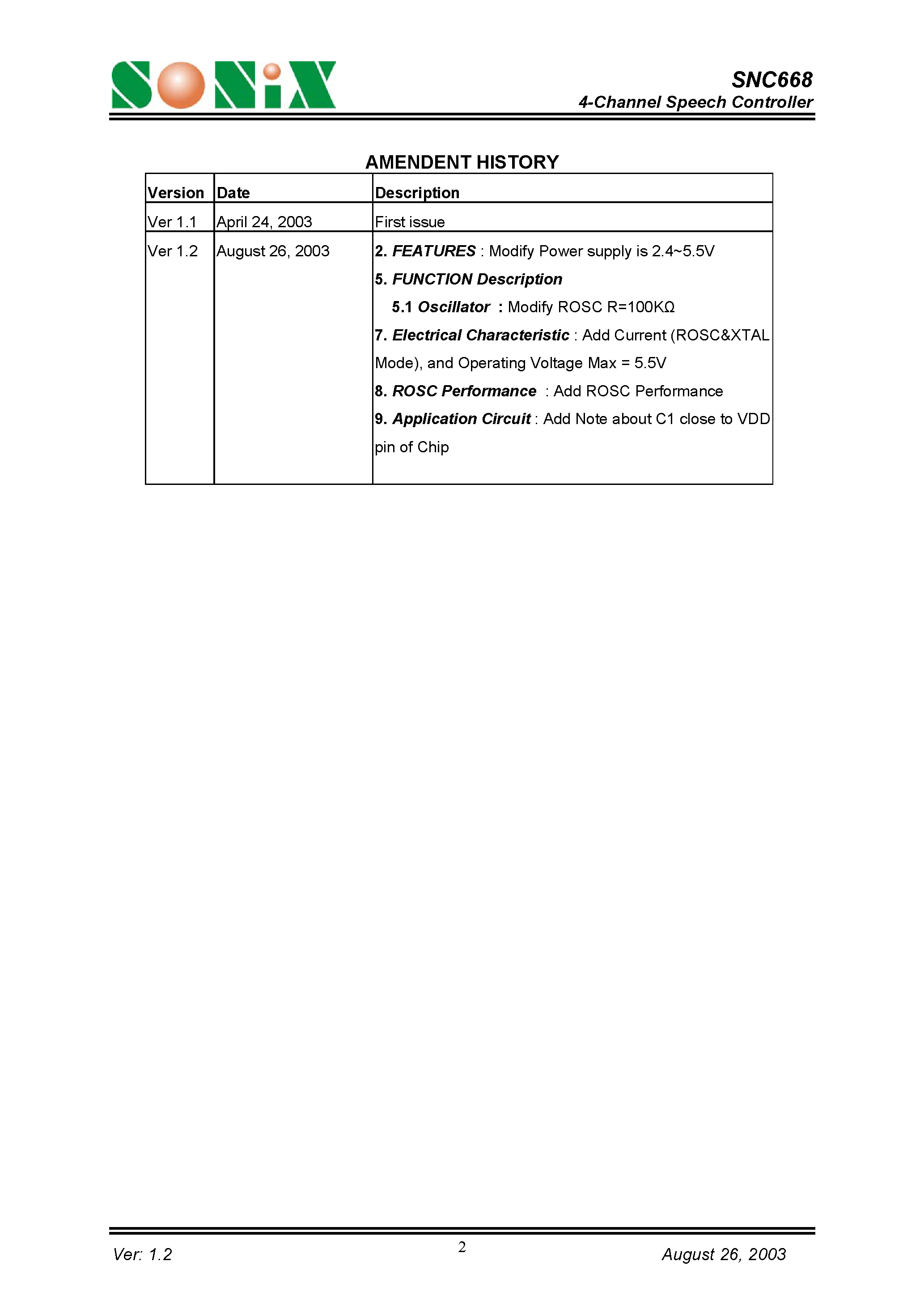Datasheet SNC668 - 4-Channel Speech Controller page 2