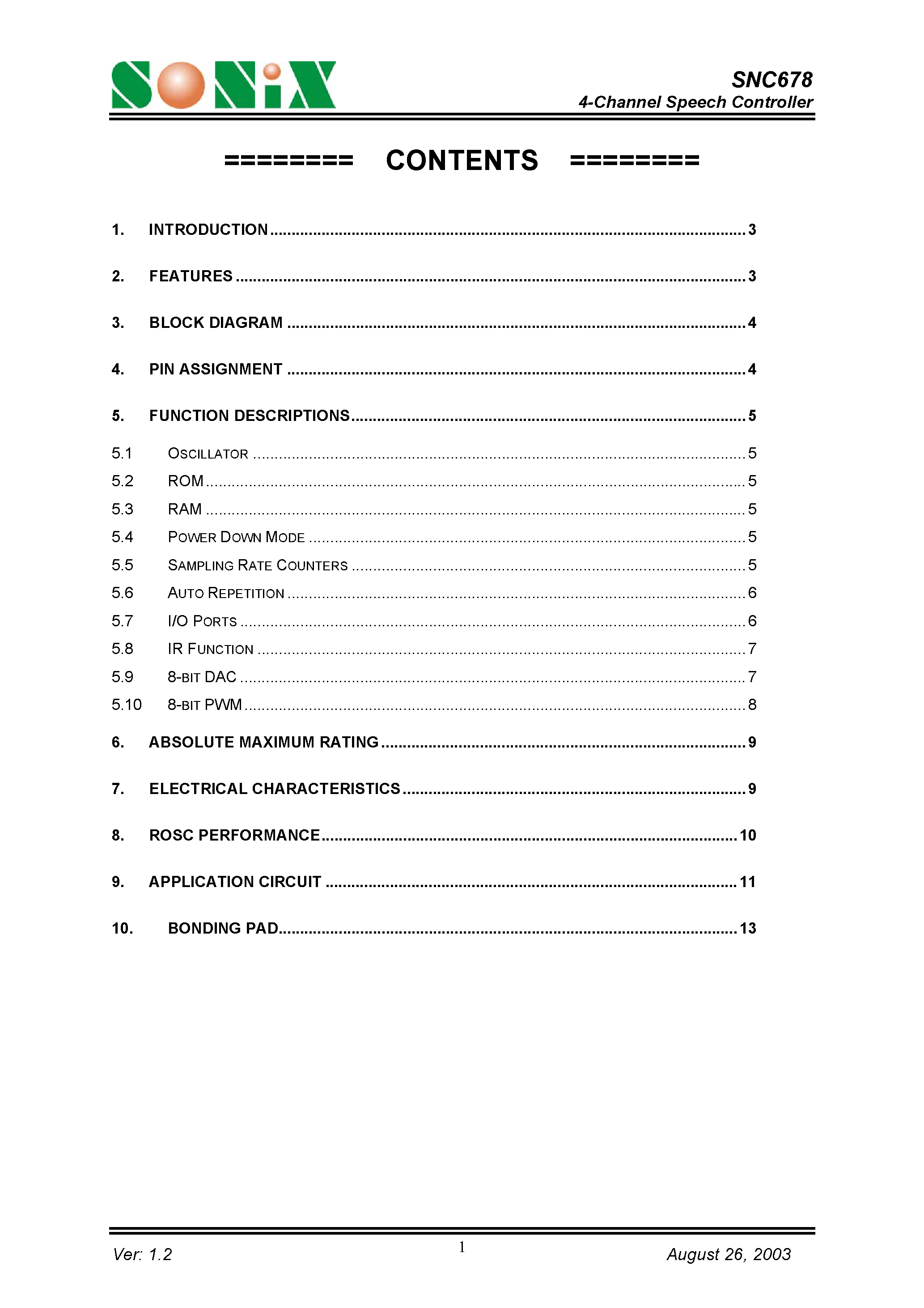 Datasheet SNC678 - 4-Channel Speech Controller page 1