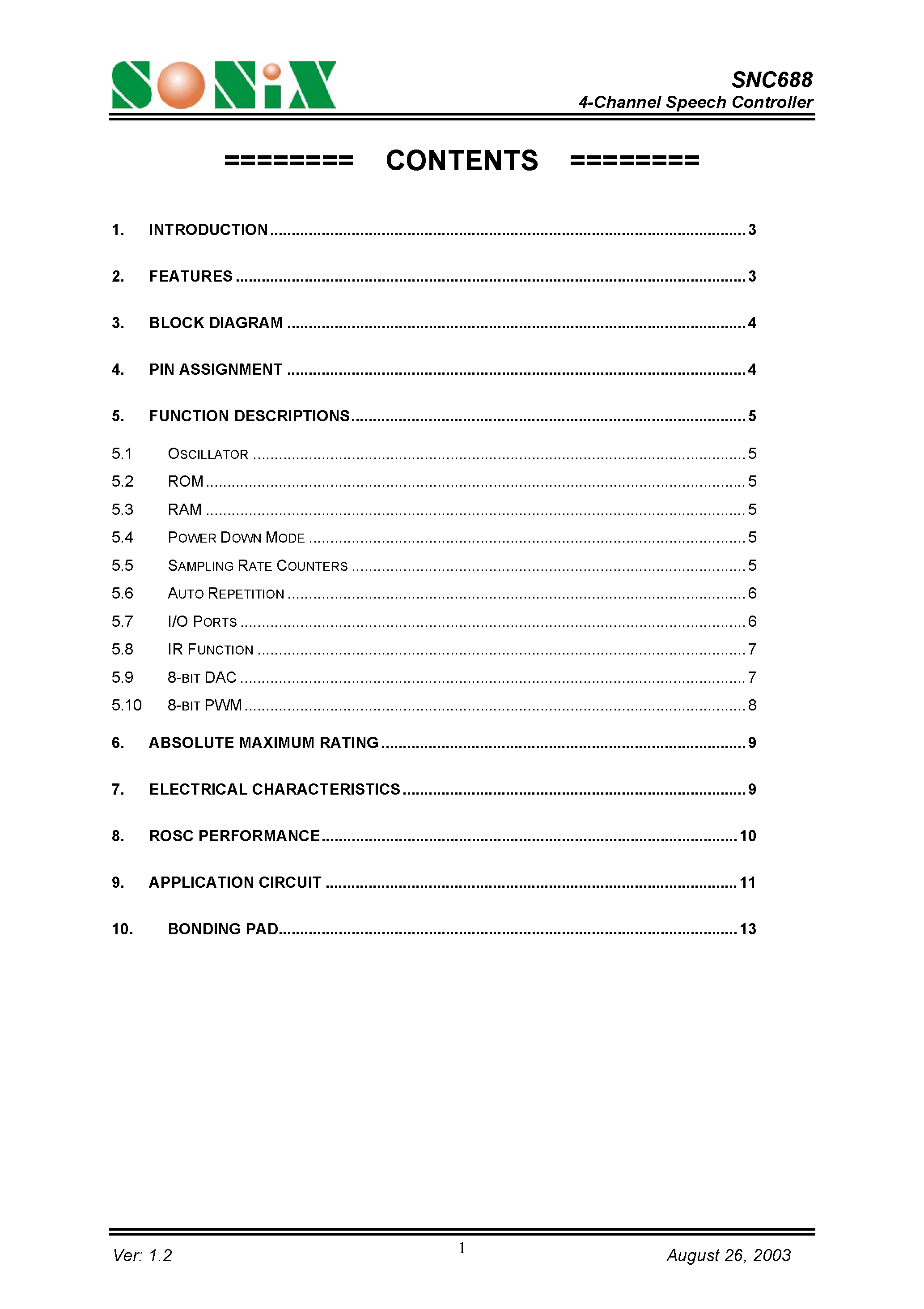 Datasheet SNC688 - 4-Channel Speech Controller page 1