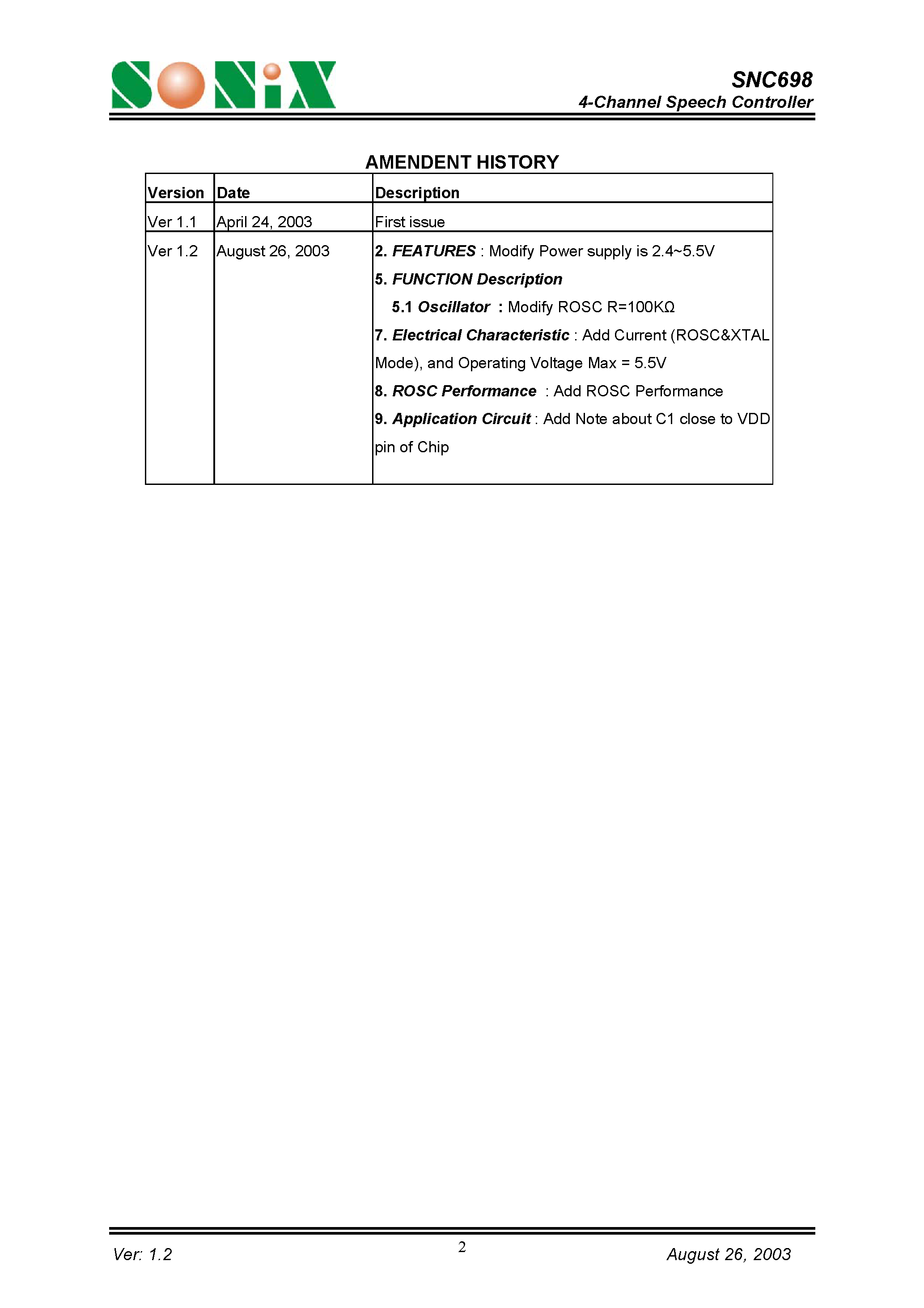 Datasheet SNC698 - 4-Channel Speech Controller page 2