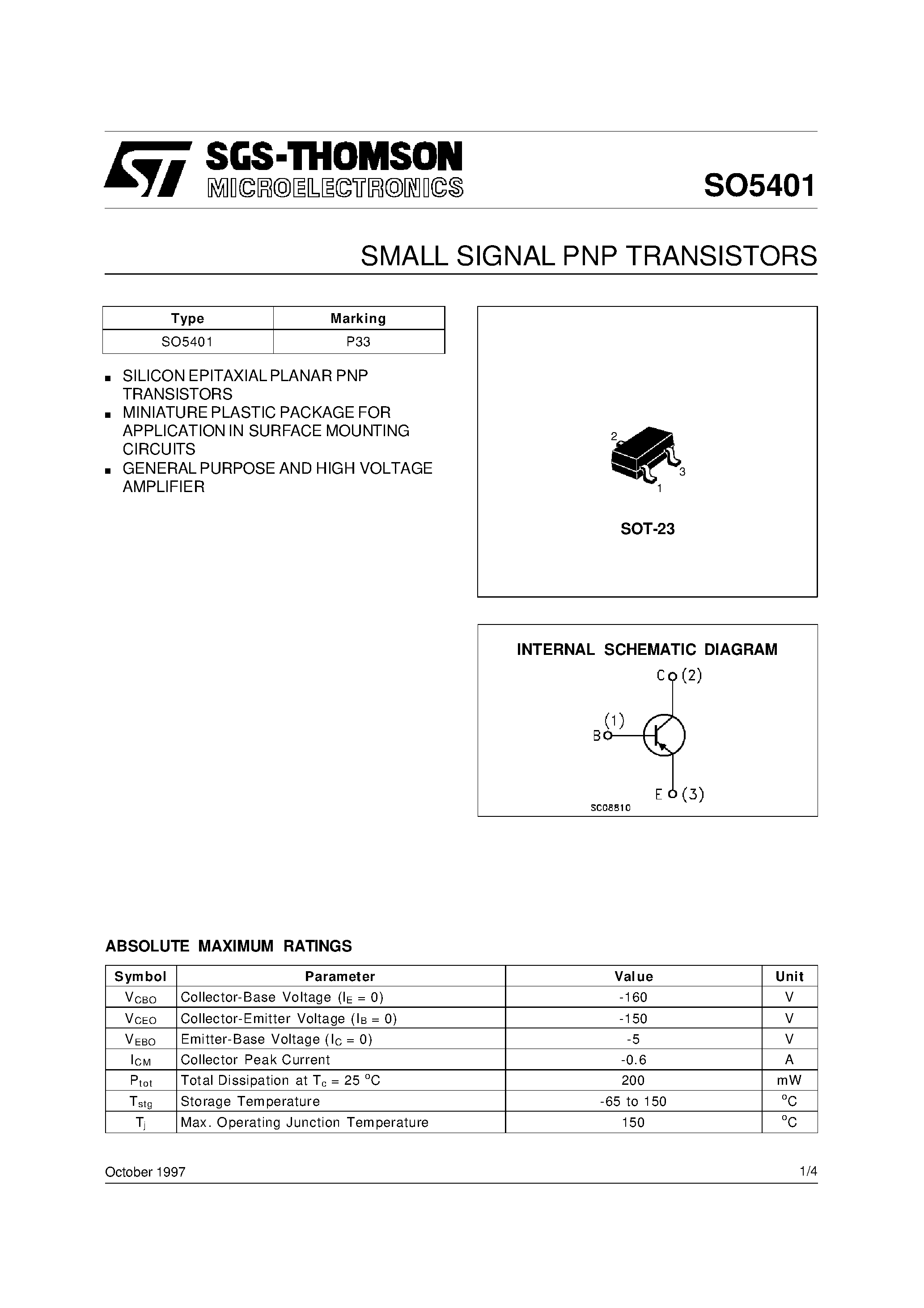 Datasheet SO5401 page 1 Datasheet SO5401 - SMALL SIGNAL PNP TRANSISTORS page 1