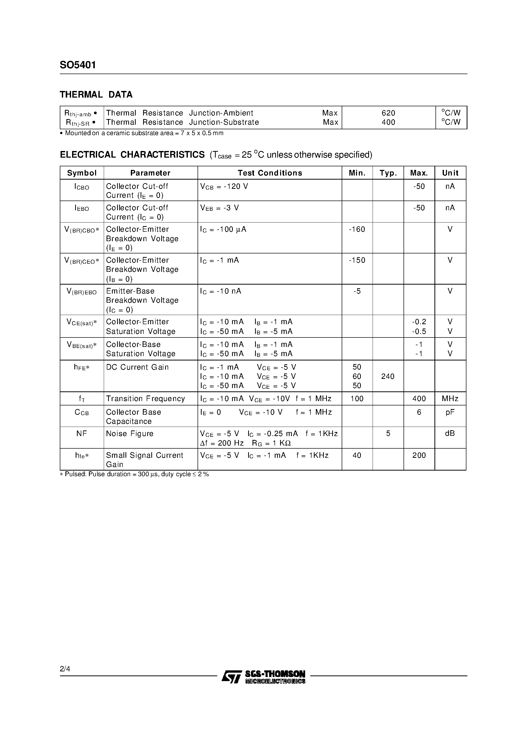 Datasheet SO5401 page 2 Datasheet SO5401 - SMALL SIGNAL PNP TRANSISTORS page 2