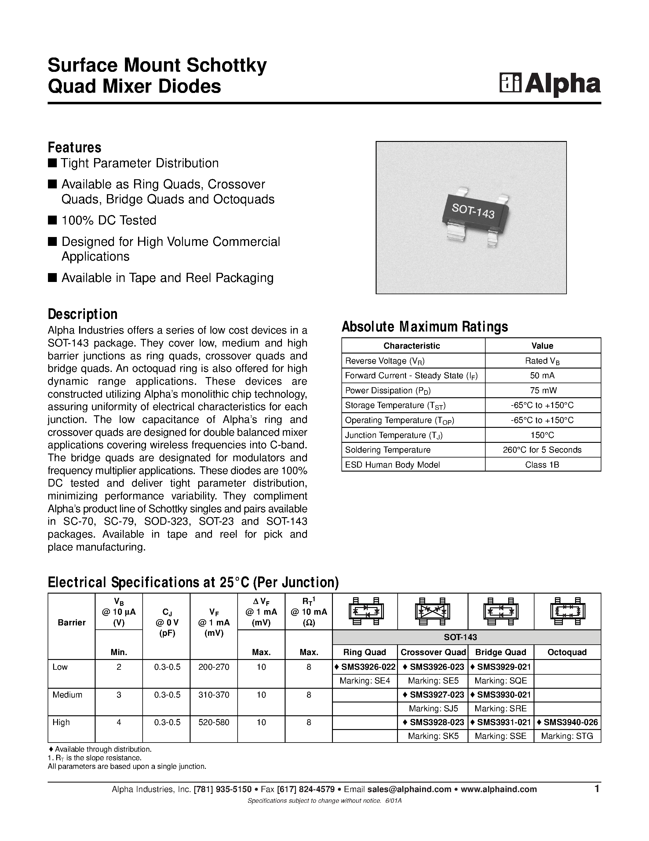 Даташит SOT-143 - Surface Mount Schottky Quad Mixer Diodes страница 1