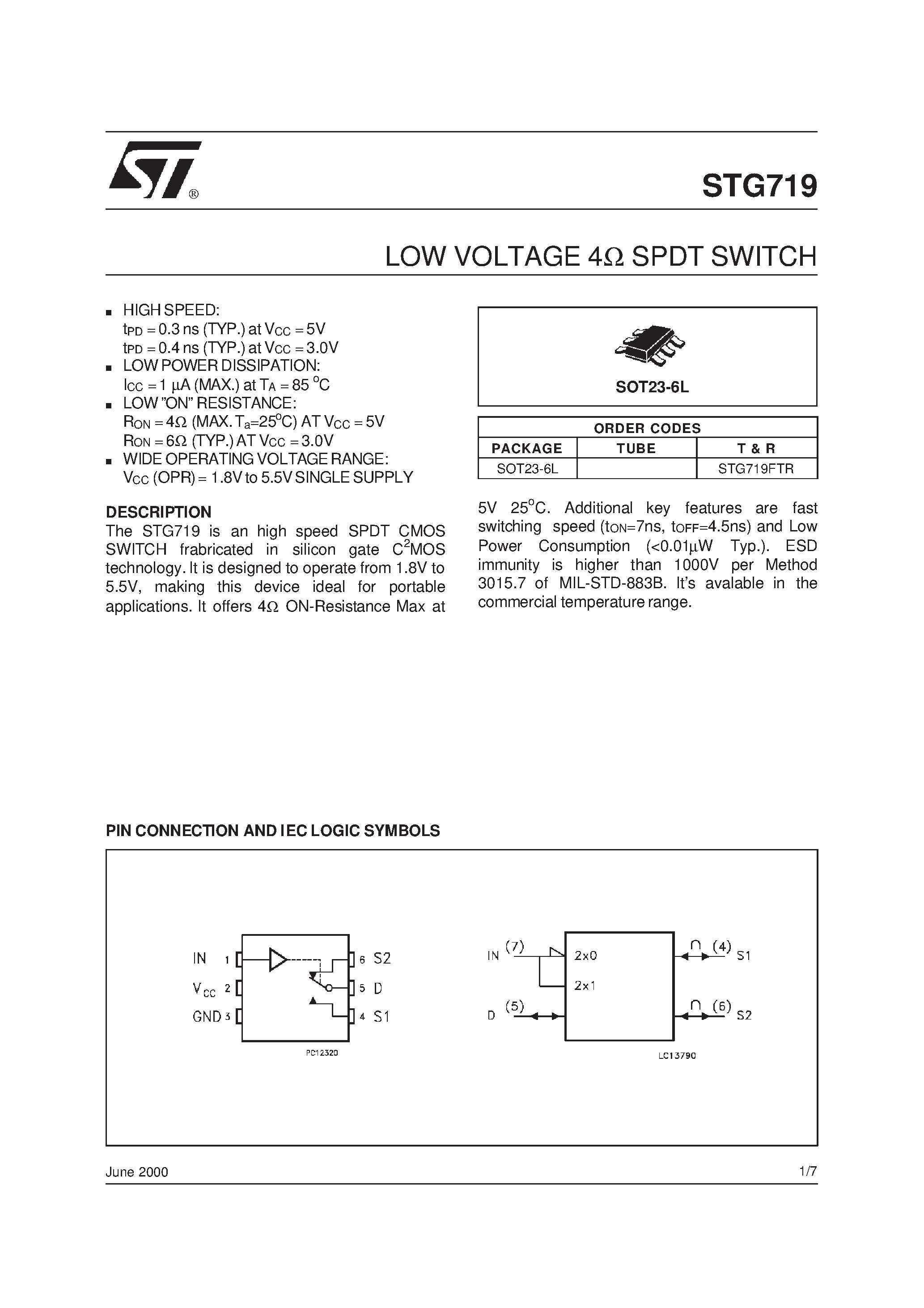 Datasheet SOT23 - LOW VOLTAGE 4ohm SPDT SWITCH page 1
