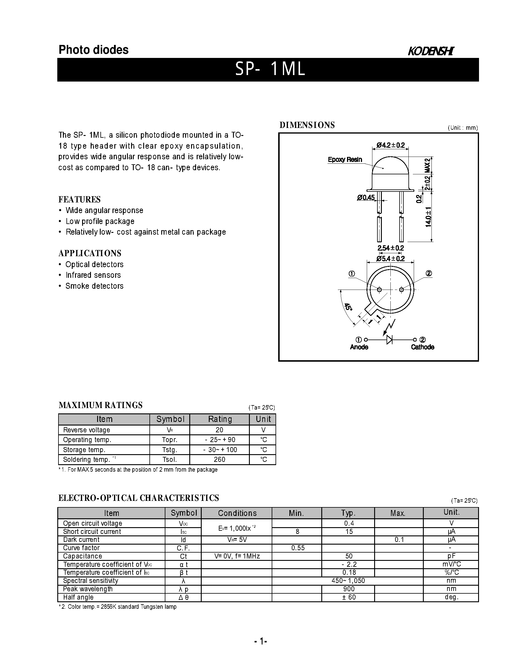 Datasheet SP-1ML - Photo diodes(silicon photodiode mounted in a TO-18 type header) page 1