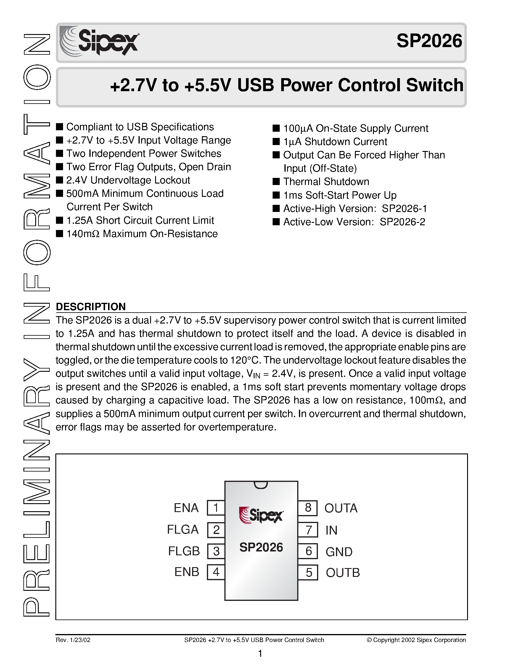 Datasheet SP2026 - +2.7V to +5.5V USB Power Control Switch page 1