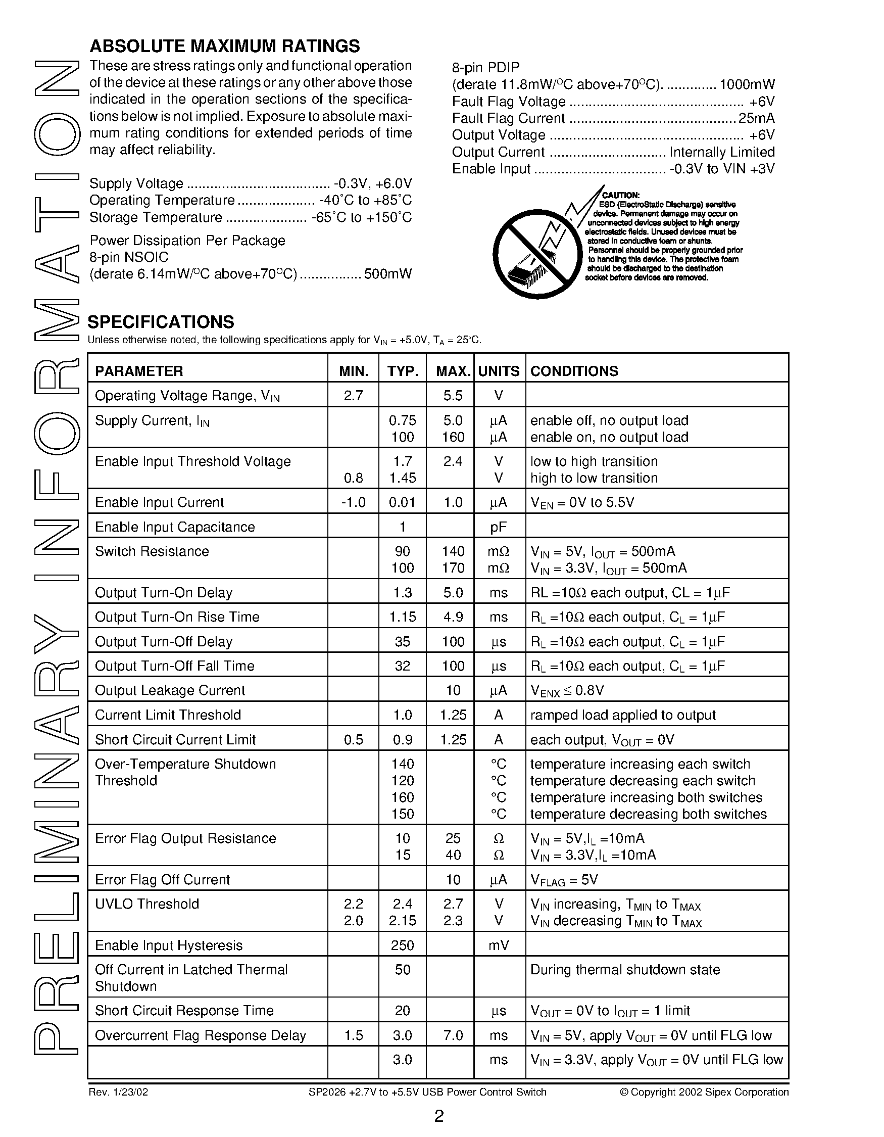 Datasheet SP2026-2EN - +2.7V to +5.5V USB Power Control Switch page 2
