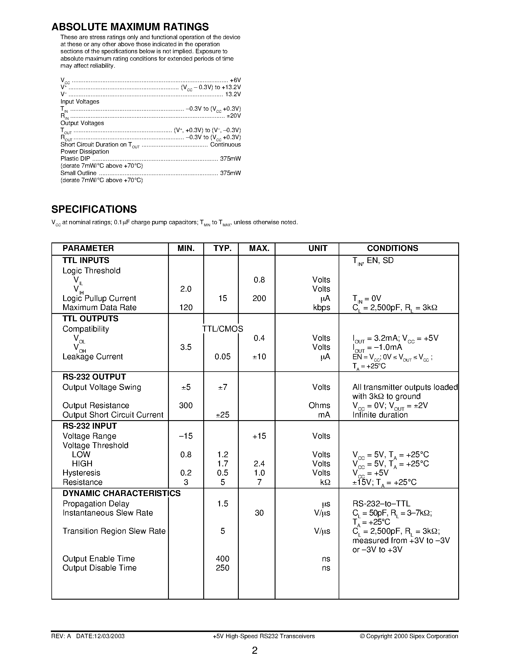 Datasheet SP211 - +5V High-Speed RS-232 Transceivers with 0.1uF Capacitors page 2