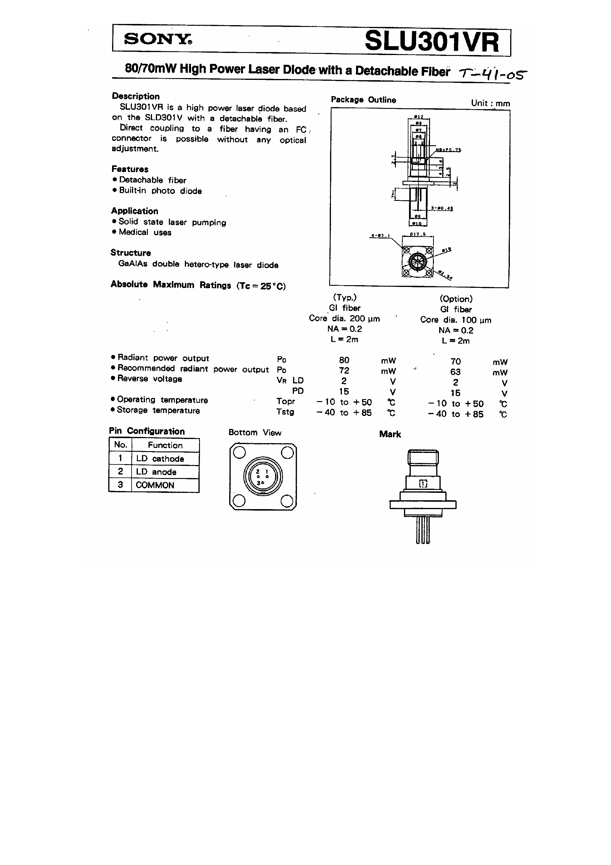 Datasheet SLU301VR - High Power Laser Diode with a Datachable Fiber page 1