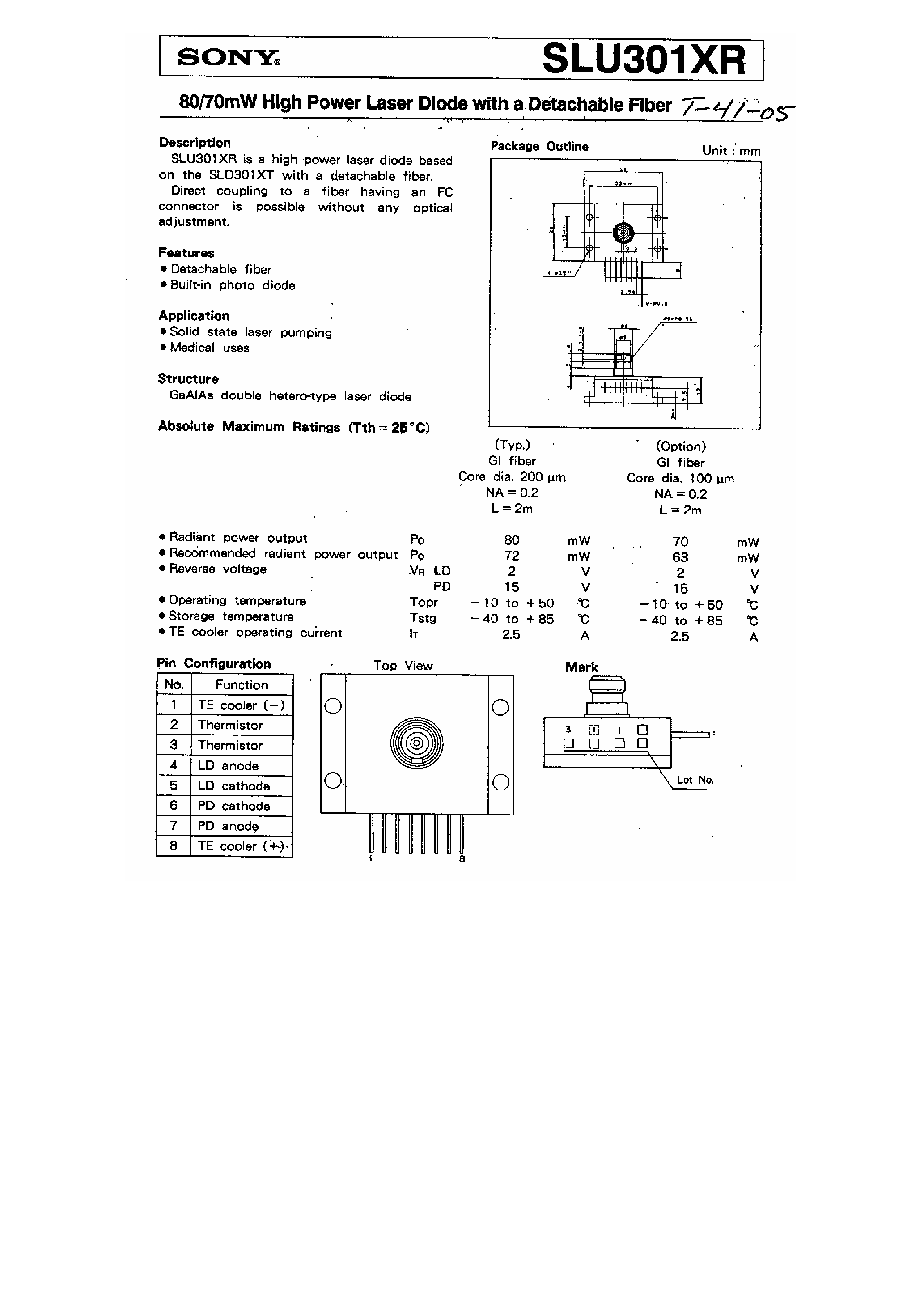 Datasheet SLU301XR - High Power Laser Diode with a Datachable Fiber page 1
