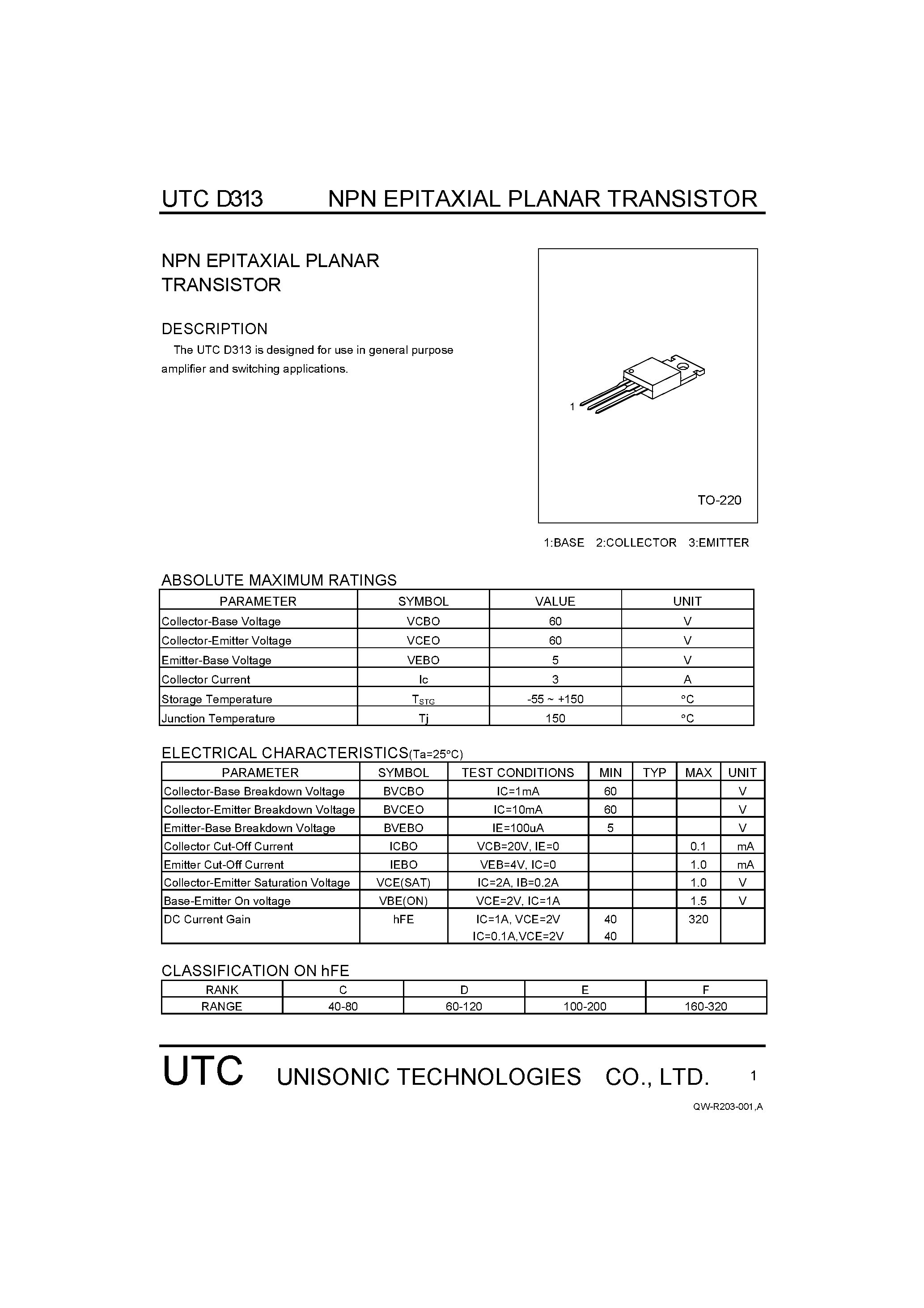 Datasheet D313 page 1 Datasheet D313 - NPN Epitaxial Planar Transistor page 1