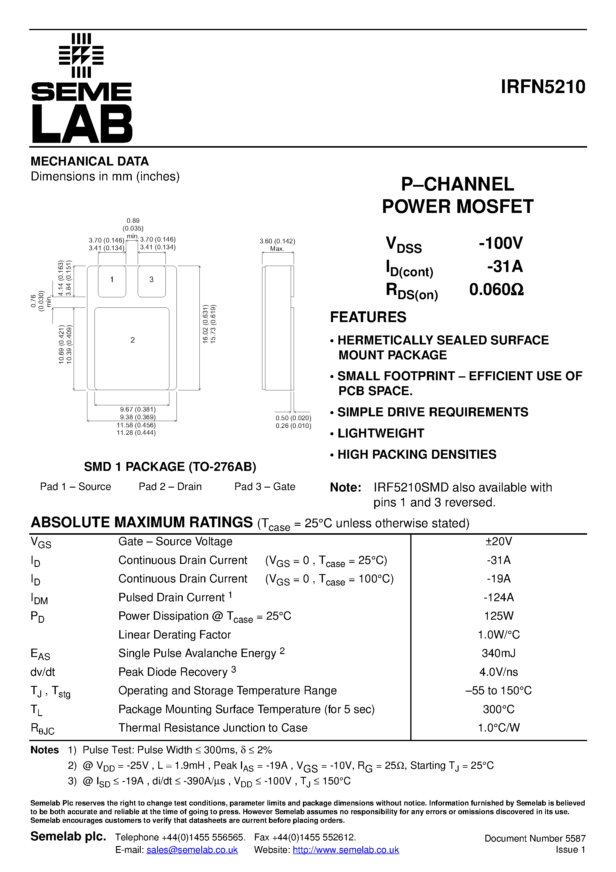 Datasheet IRFN5210 - P-Channel Power MOSFET page 1