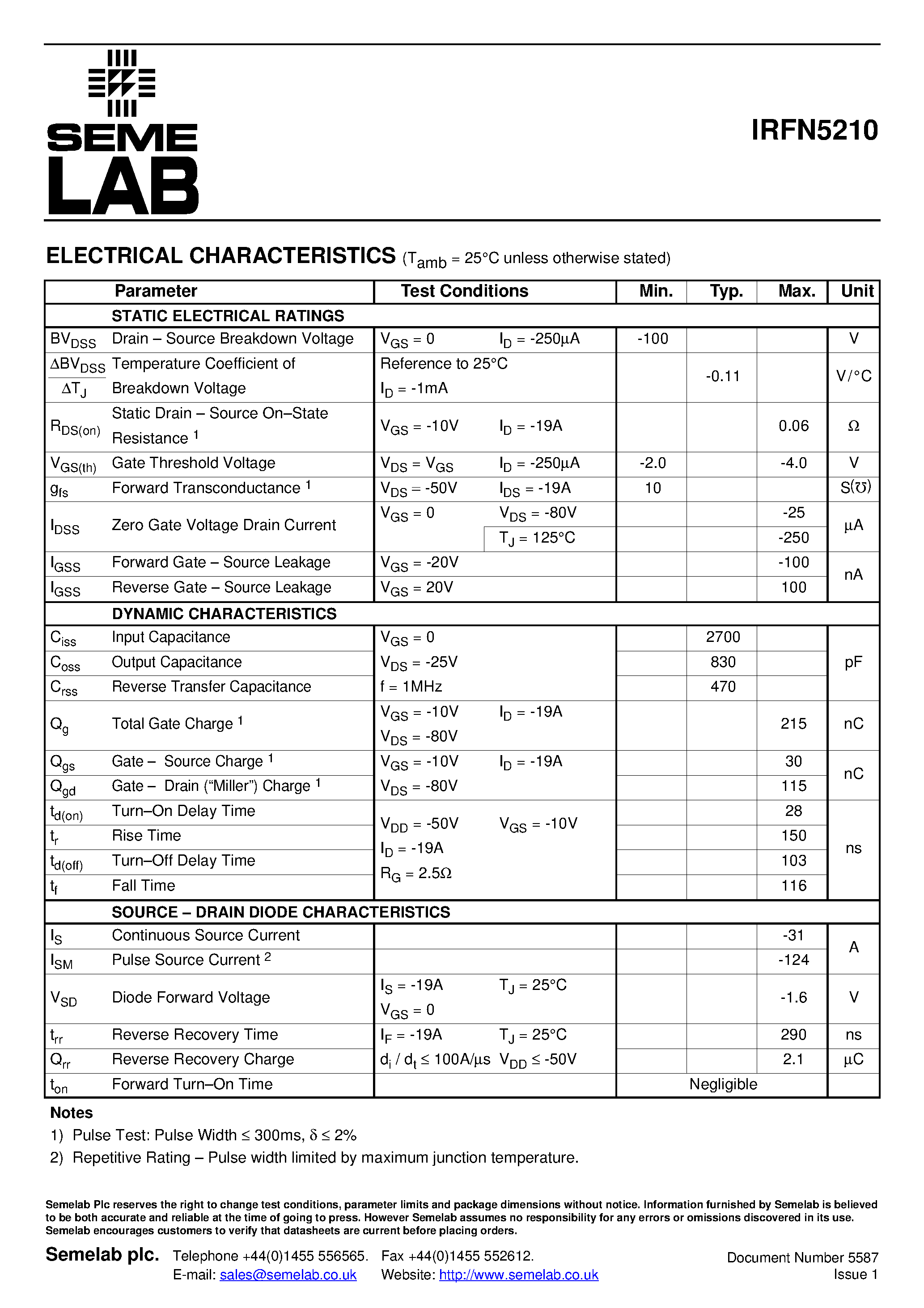 Datasheet IRFN5210 - P-Channel Power MOSFET page 2