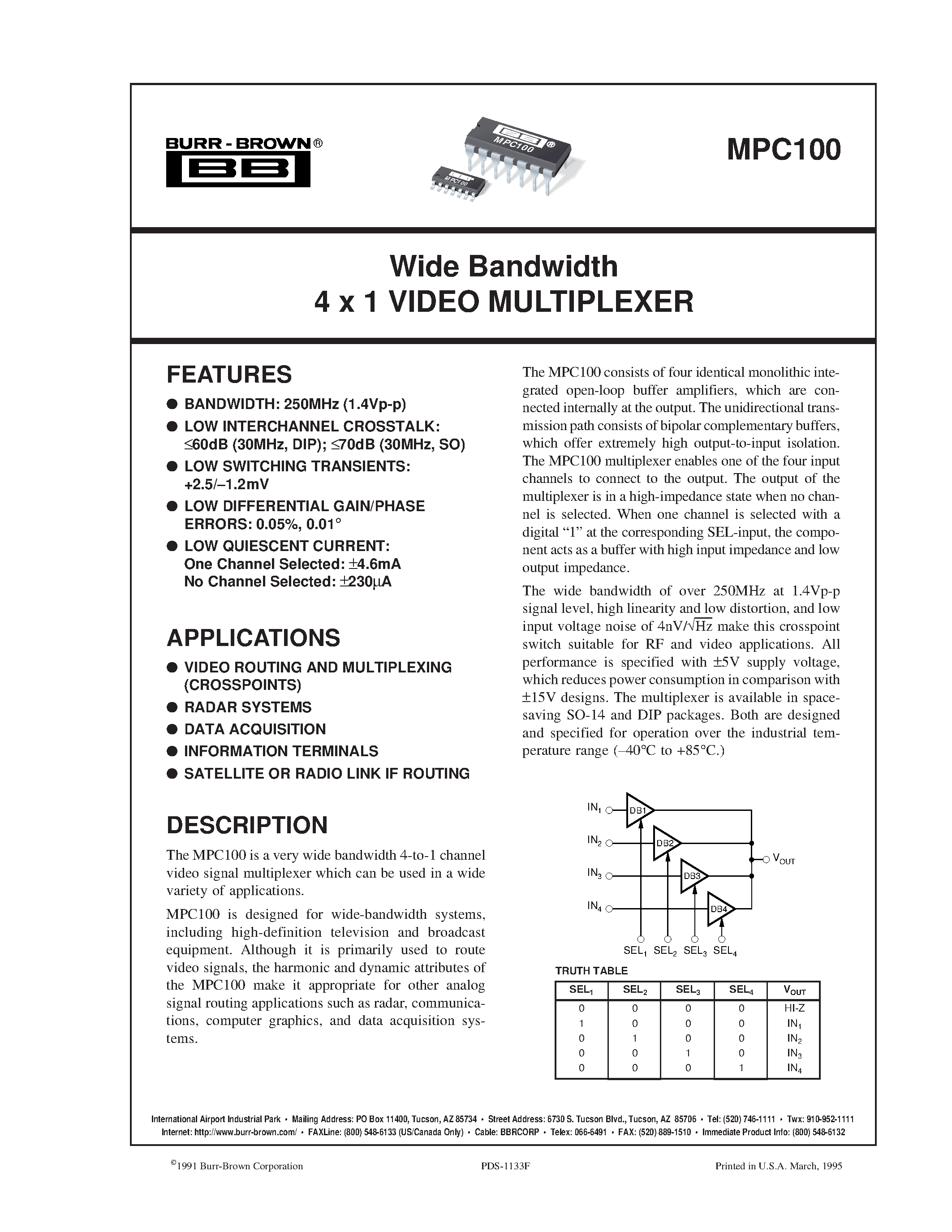 Datasheet MPC100 - Wide Bandwidth 4 x 1 VIDEO MULTIPLEXER page 1