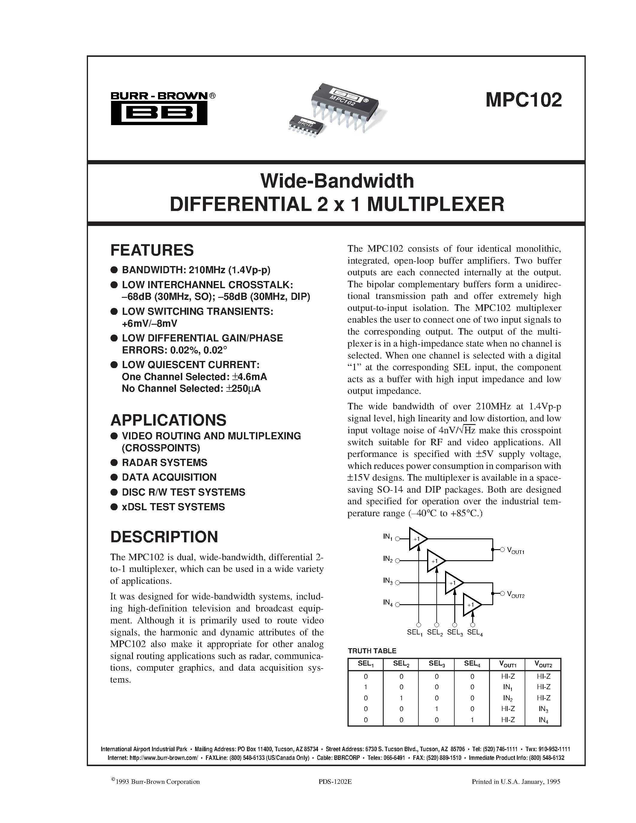 Datasheet MPC102 - Wide-Bandwidth DIFFERENTIAL 2 x 1 MULTIPLEXER page 1