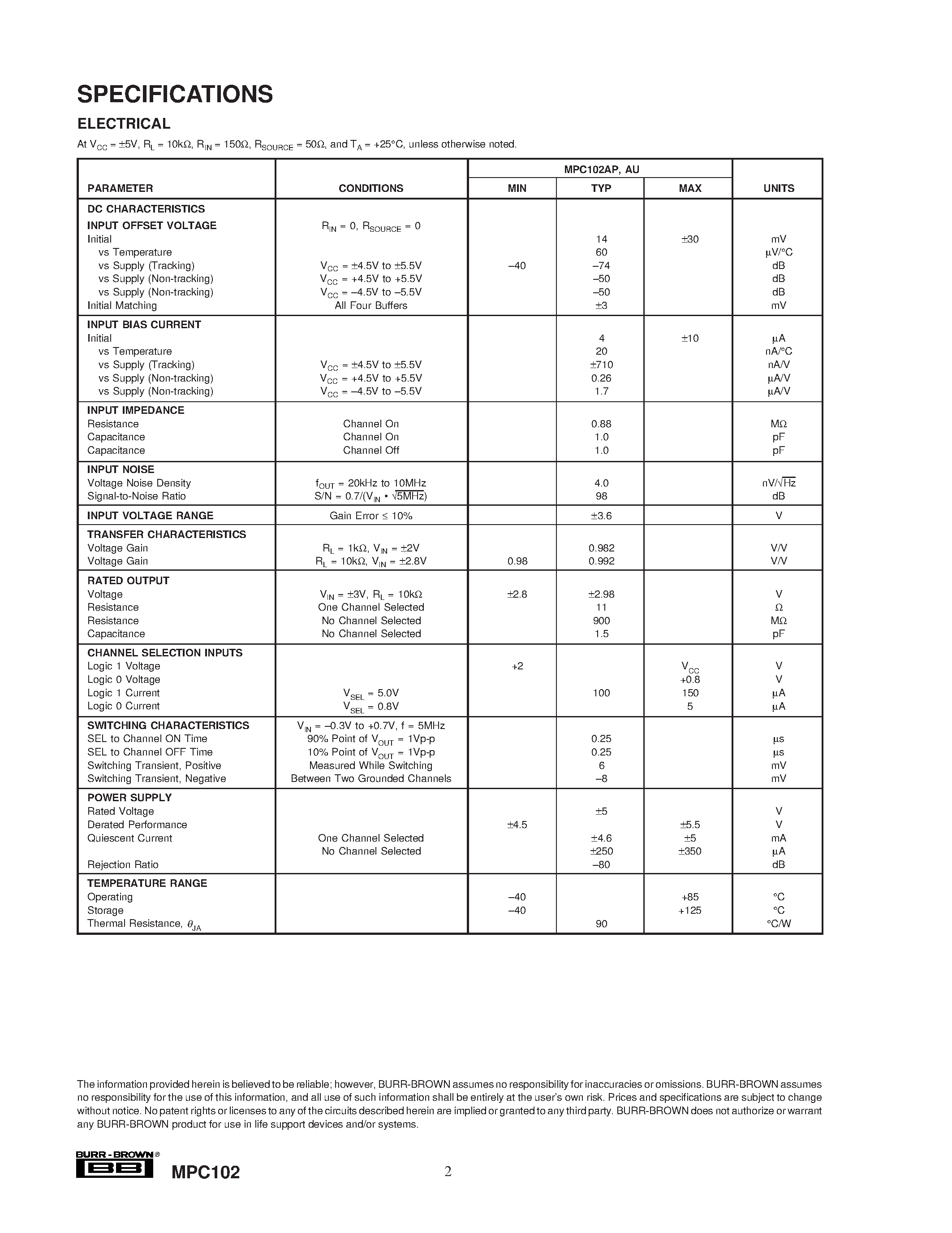 Datasheet MPC102 - Wide-Bandwidth DIFFERENTIAL 2 x 1 MULTIPLEXER page 2