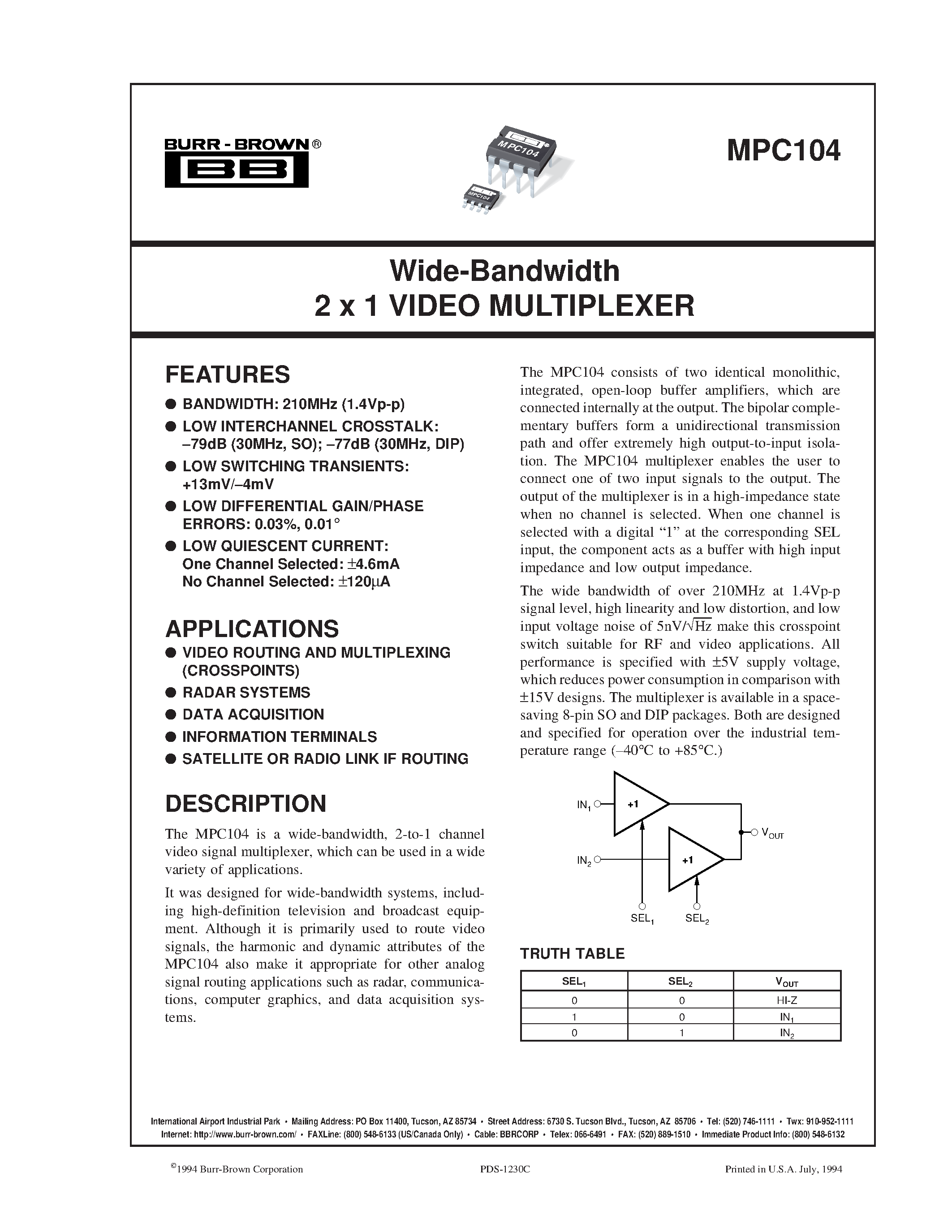 Datasheet MPC104 - Wide-Bandwidth 2 x 1 VIDEO MULTIPLEXER page 1
