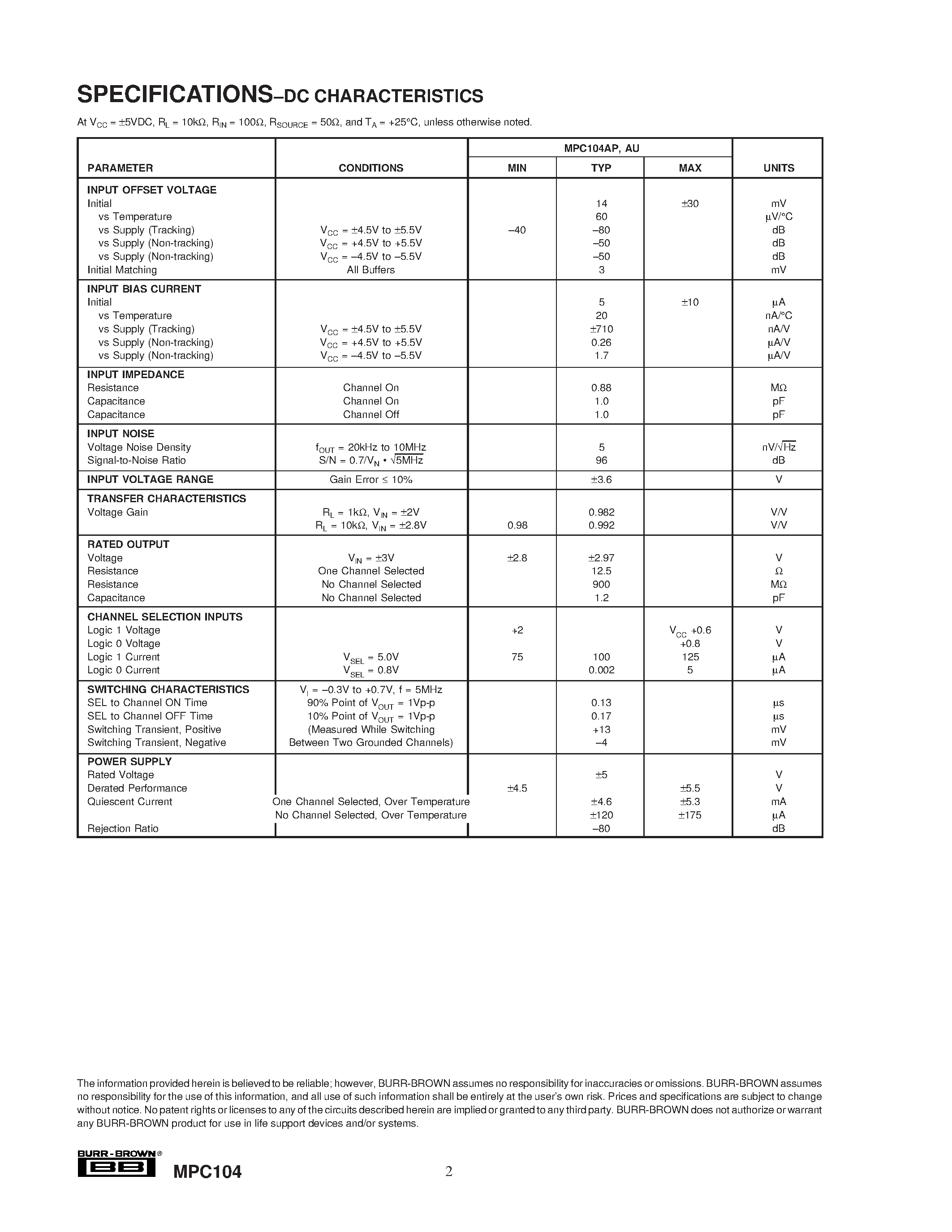 Datasheet MPC104 - Wide-Bandwidth 2 x 1 VIDEO MULTIPLEXER page 2