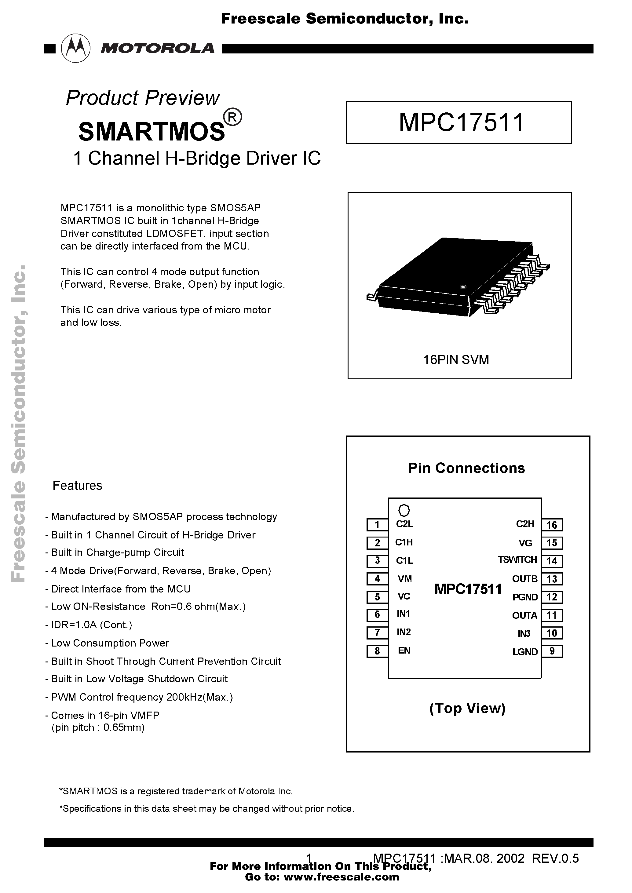 Datasheet MPC17511 page 1 Datasheet MPC17511 - 1 Channel H-Bridge Driver IC page 1