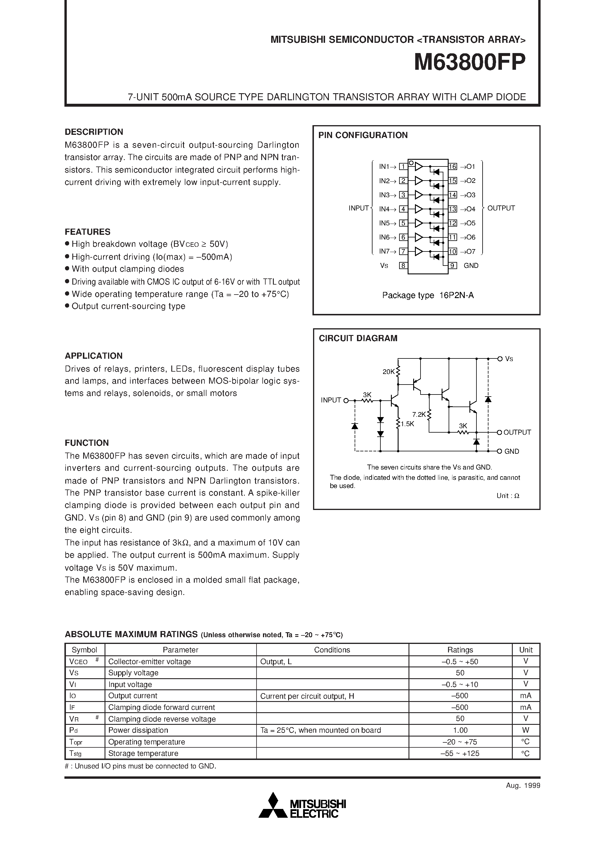 Datasheet M63800FP - 7-UNIT 500mA SOURCE TYPE DARLINGTON TRANSISTOR ARRAY WITH CLAMP DIODE page 1