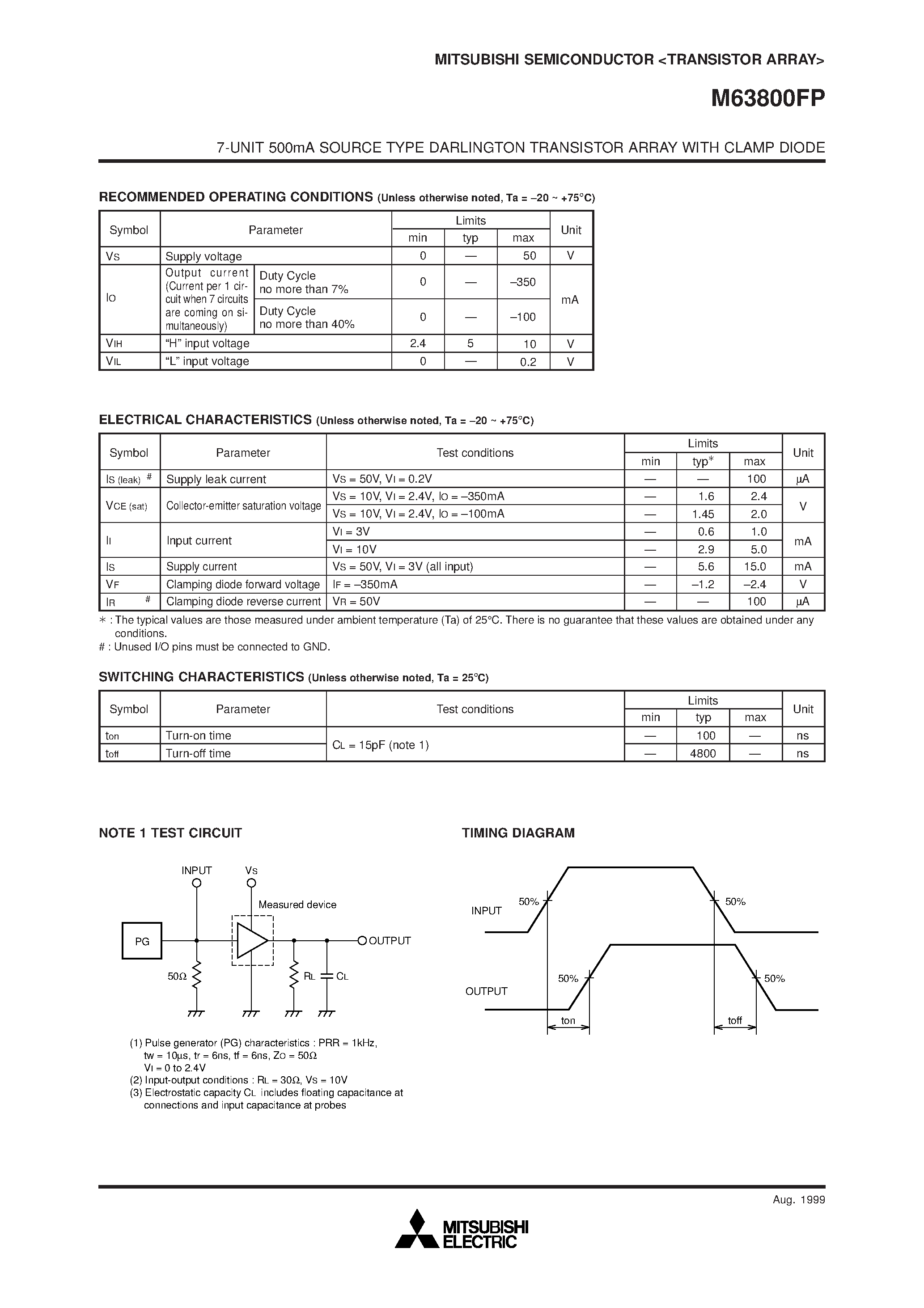 Datasheet M63800FP - 7-UNIT 500mA SOURCE TYPE DARLINGTON TRANSISTOR ARRAY WITH CLAMP DIODE page 2