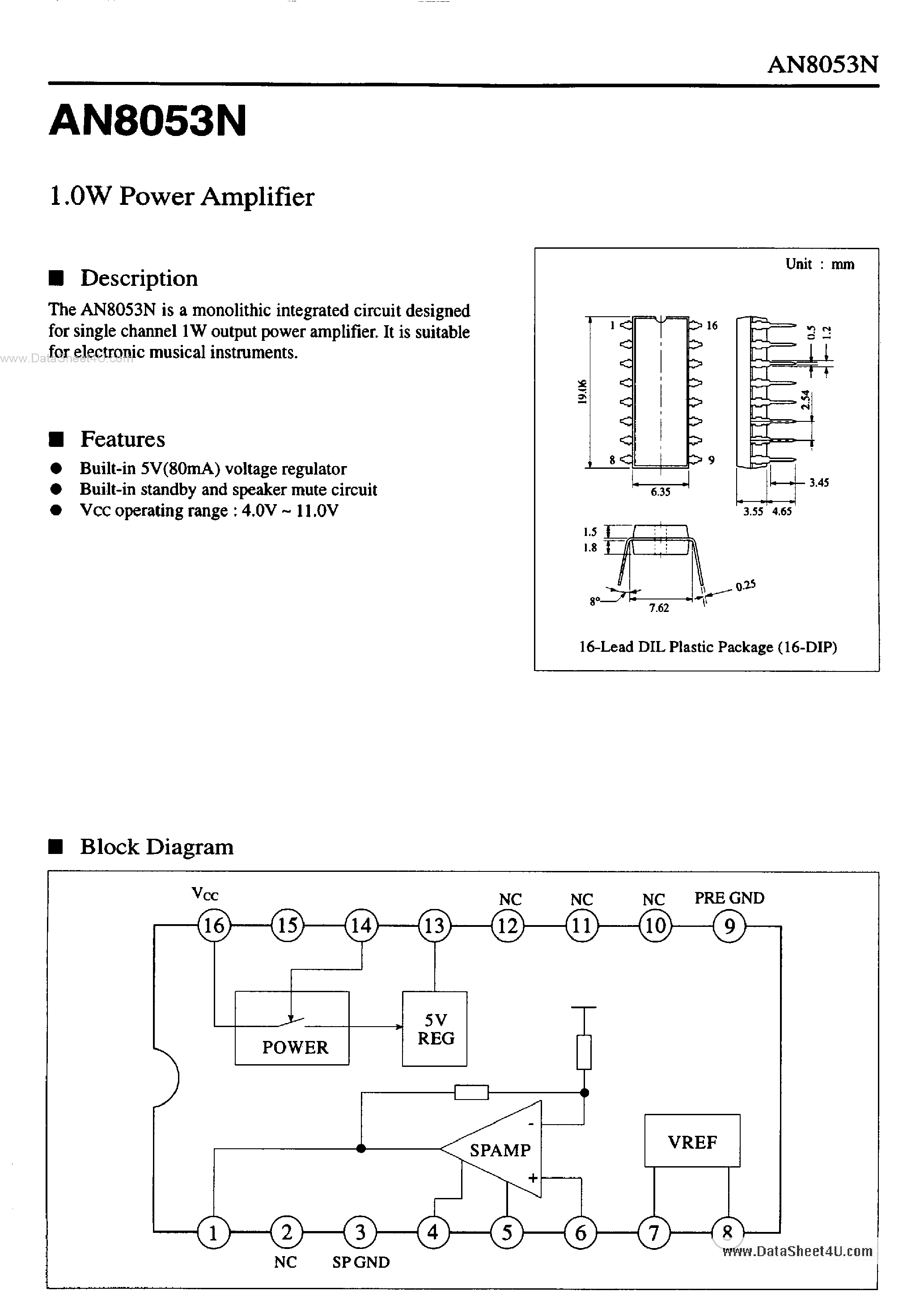 Даташит AN8053N - 1.0W Power Amplifier страница 1