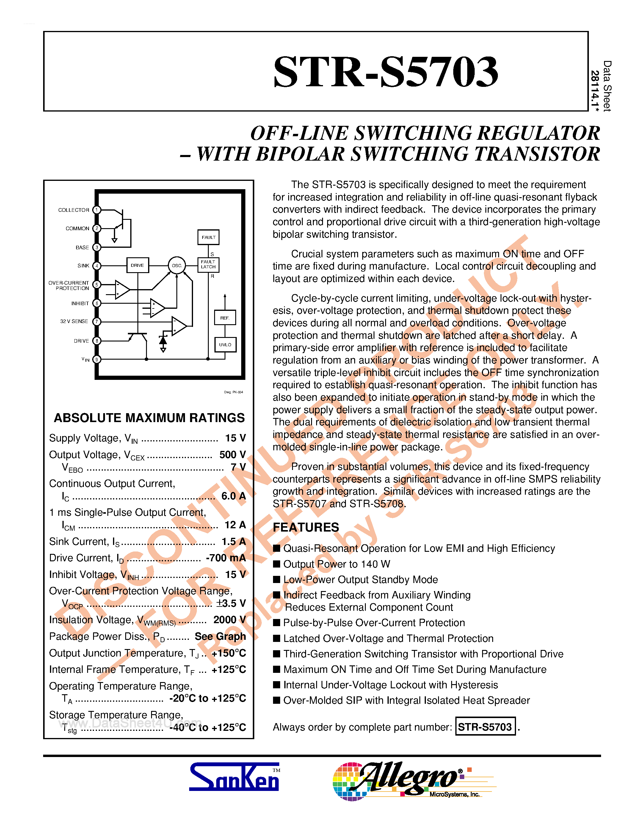 Даташит на микросхему STRS5703 страница 1 Даташит STRS5703 - Off-Line Switching Regulator with Bipolar Switching Transistor страница 1