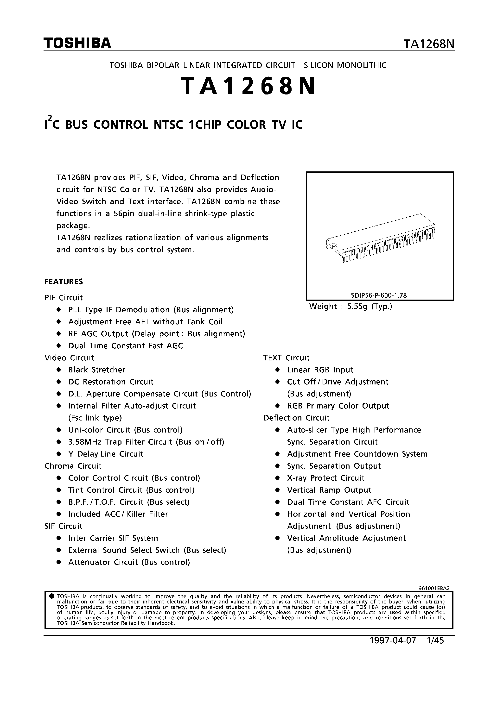 Даташит на микросхему TA1268N страница 1 Даташит TA1268N - I2C BUS CONTROL NTSE 1CHIP COLOR TV IC страница 1